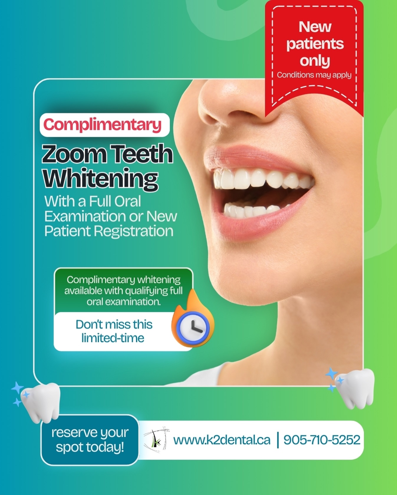 ♦️A healthy smile deserves to shine
New patients can enjoy complimentary Zoom Teeth Whitening when booking a full oral examination or completing new patient registration. Our experienced dental team is here to help you feel confident, comfortable, and cared for—every step of the way.🦷
📅 Limited-time offer. Reserve your spot today!
📲905-710-5252
🌐 www.k2dental.ca
#Torontodental #ZoomTeethWhitening #SmileWithConfidence #DentalCare #NewPatientSpecial