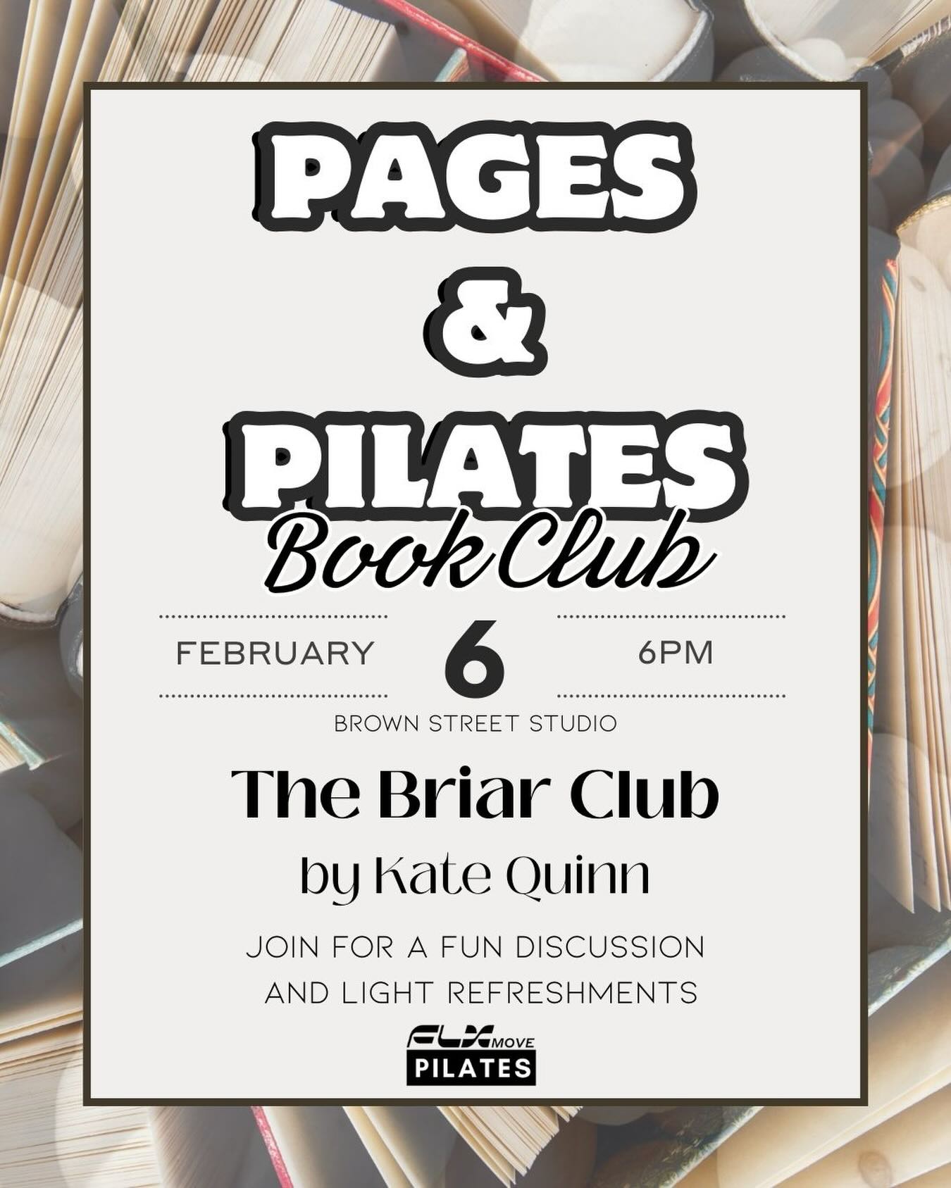 Pages & Pilates 🤍📚
No class—just the club. Join us February 6 at 6pm at our Brown Street studio for an evening of connection and conversation as we discuss The Briar Club by Kate Quinn. Come get cozy with us ✨
#pilates #bookclub #flxmove #flxpilates #skokie