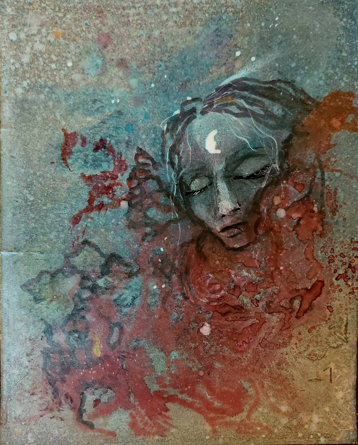 "Renee." Charcoal, ink, mica, on upcycled matboard. 💔