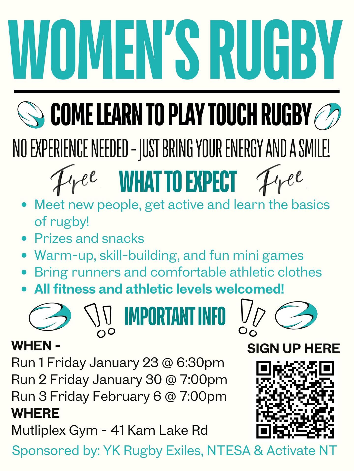 ‼️CHECK IT OUT ‼️
Calling all women who want to move, laugh, and try something new 💥
Join us for Women’s Touch Rugby — no experience needed, just good vibes and a willingness to give it a go 🏉💪🏼
Whether you’ve played before or have never touched a rugby ball, this is a safe, supportive space to run around, meet new people, and have fun!🤩
View poster for time, location and dates ⏰📍📆
Sign up via the QR code or this link:
https://forms.gle/iqaCpi6qUKTdCyPh8