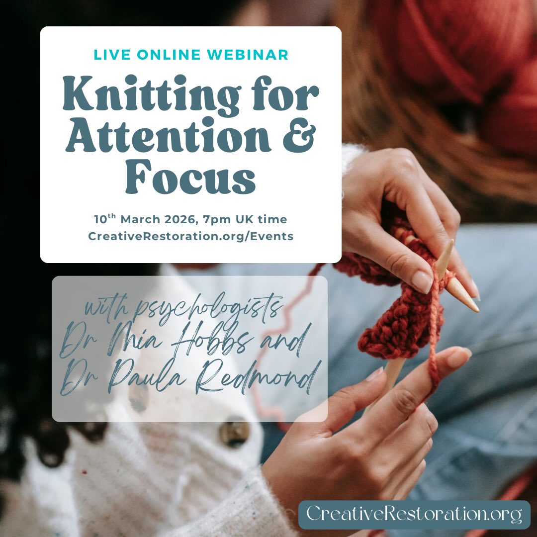 Our next webinar is about attention and focus- we’ll be talking about the emerging research evidence and thinking about how we can use knitting as a tool to support our focus and attention as well as thinking specifically about ADHD and the potential challenges that we hear about from knitters in the adhd community.
We’d love you to join us - book your ticket at the link in my bio
#adhdknitter #knittingforfocus #knittingforwellbeing