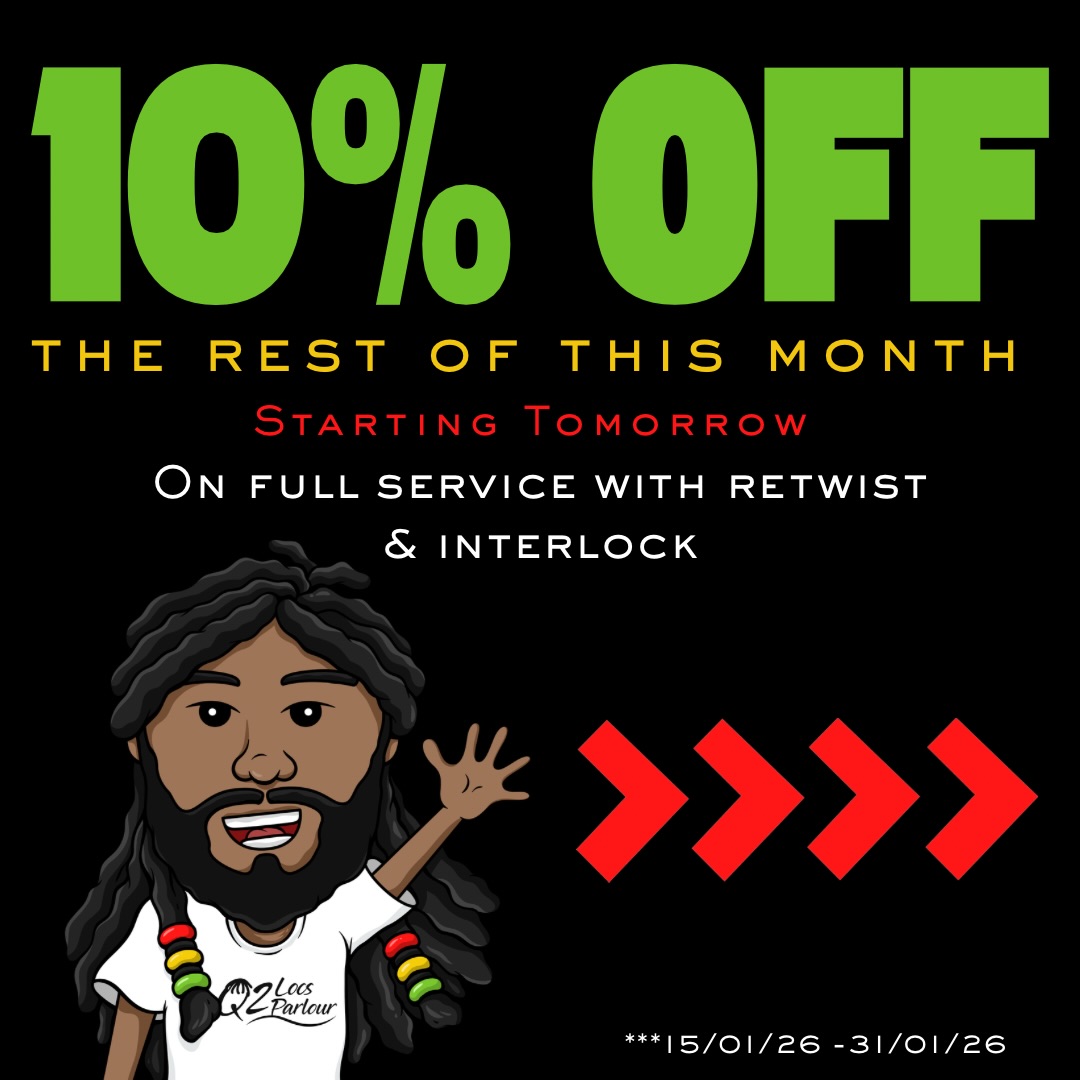 Yesss.. you heard right! 10% off your full service (must include retwist or interlock) from tomorrow through till the end of the month 🎉🎉
Book NOW for your slot on our NEW website:
q2locsparlourltd.com
🚨If you have our old website bookmarked, please retype the
web address to access🚨
Just to say thank you all for your continued loyalty and support 👑❤️🖤