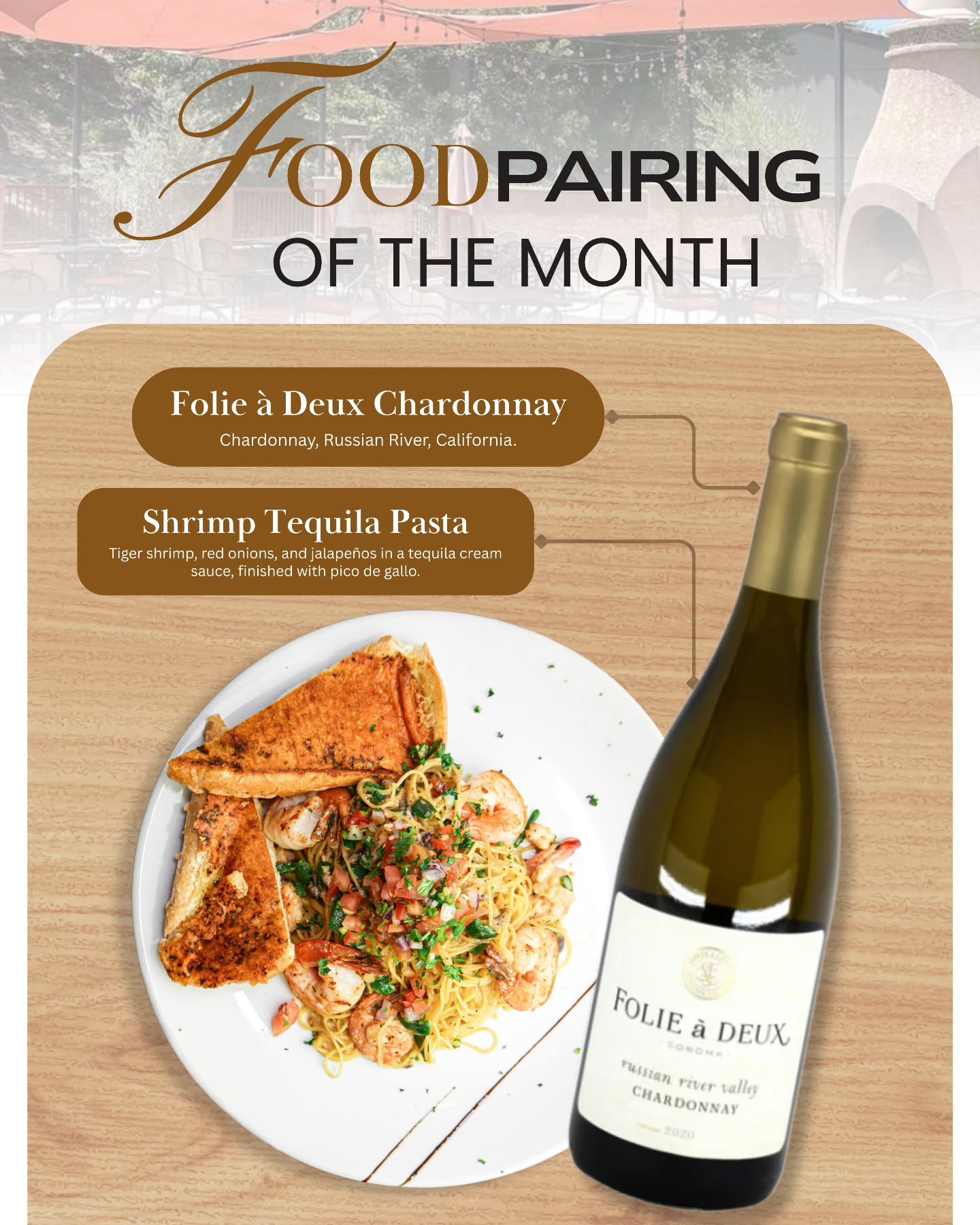 🍤✨ Pairing of the Month at Clubhouse 66!
Dive into our Shrimp Tequila Pasta—tiger shrimp, jalapeños, and a silky tequila cream sauce, finished with fresh pico de gallo. We’ve paired it with Folie à Deux Chardonnay, whose crisp pear and toasted oak notes perfectly balance the spicy kick.
Summer vibes, bold flavors—served all month long. Grab a seat on the patio and treat yourself! ☀️🍷
#Clubhouse66 #ShrimpTequilaPasta #FolieADeuxChardonnay #WinePairing #PatioSeason SummerEats SeafoodLovers FoodieFavorites SipAndSavor ChinoHillsEats