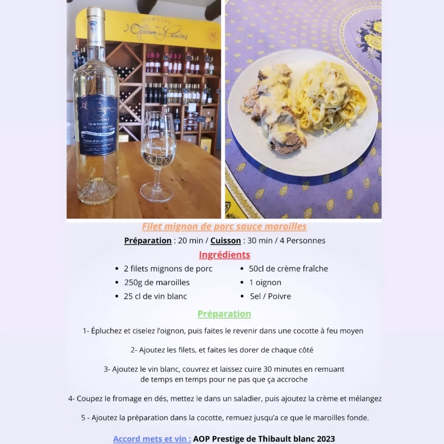 Mesdames, Messieurs, Chers clients,
Toute l'équipe de l'Oppidum des Cauvins vous souhaite une trés bonne année 2026, et nous continuons à vous offrir 12 prochains accords mets et vins ! 😍
Comme vous le savez, tous les mois, Axel vous concocte un accord mets et vins, alliant une recette facile, cuisinée avec des fruits ou légumes de saison que vous pouvez faire chez vous, et un vin de notre domaine viticole .
Aujourd'hui, nous mettons en avant notre AOP Blanc Prestige de Thibault 2023 avec un délicieux filet mignon sauce maroilles ... pour bien se remettre des fêtes... 😅
#oppidumdescauvins #vin #recettefacile #accordmetsvins #filetmignon