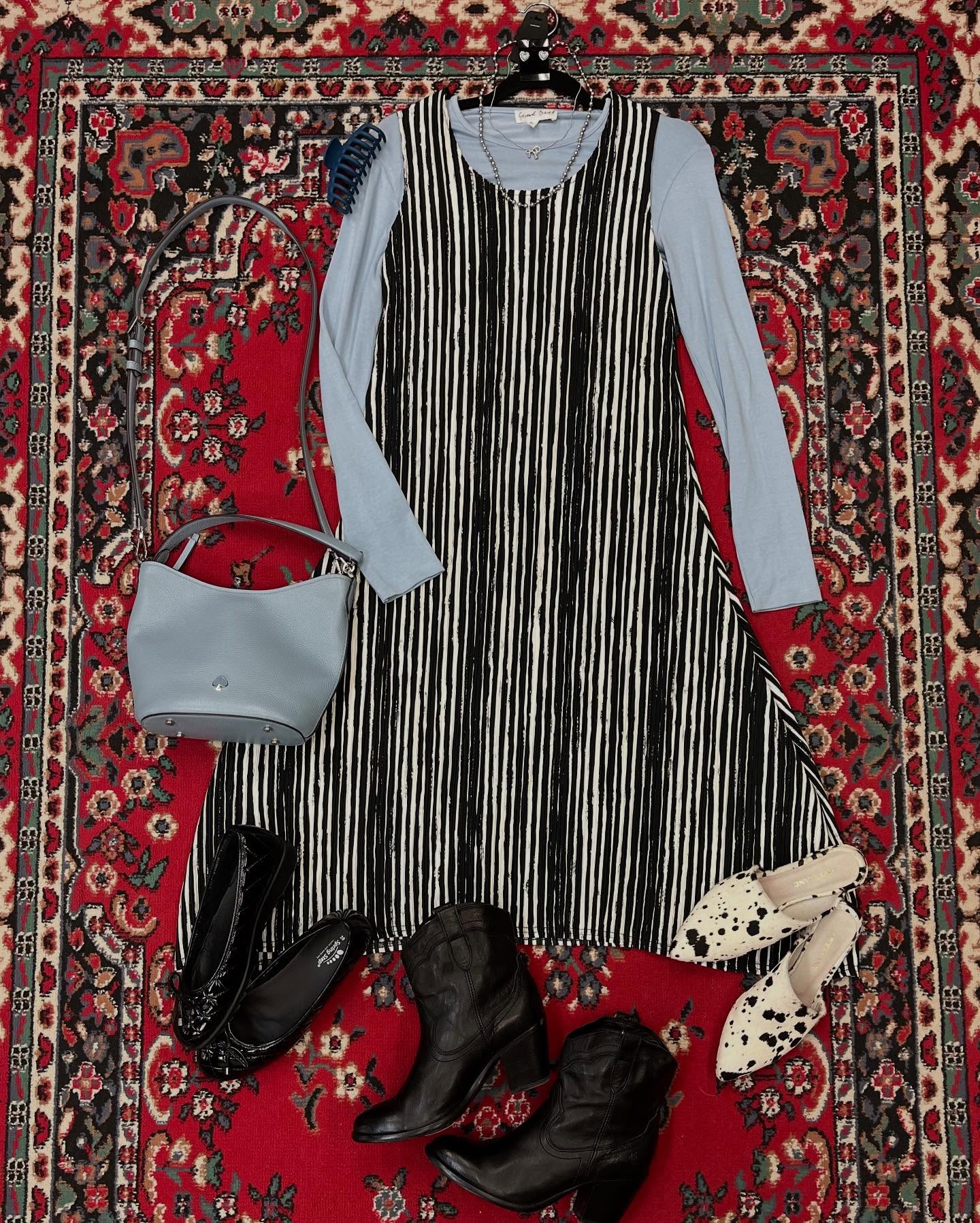 Lee says about this outfit, “The shoes options are super versatile so I picked a few different options that go well, I was also thinking classic blk/wht converse would go as well!” My fav are the pony hair mules, which are yours? #couchsaleswithldr #ldrstaffpicks
DETAILS:
Claw Clip- $8
Earrings- $17
Necklaces- $23 each
Long Sleeve- Gerard Darrel, S, $18
Dress- Damée, OS, $28
Purse- Kate Spade, $97
Slides- Overland, 38, $69
Boots- Frye NIB, 8.5, $97
Slip Ons- Spring Step, 39, $29