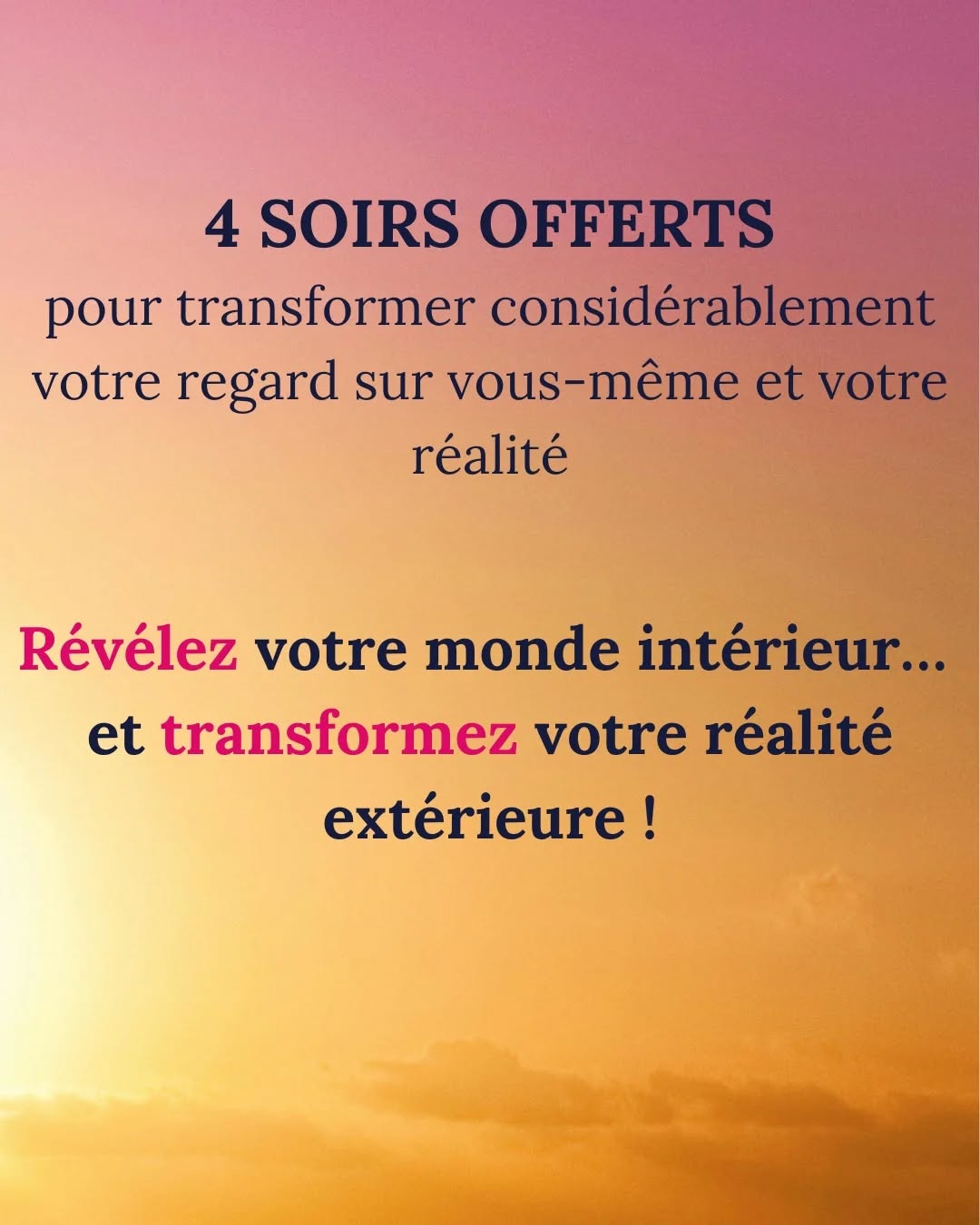 👉 Je vous offre la possibilité de comprendre le fonctionnement de votre inconscient (qui régit 90% de vous) ; d'aller rencontrer en Hypnose votre enfant intérieur et votre part critique (qui manifestent tout dans votre vie) ; et de connaître les bases de la manifestation.
🔥 4 soirs du 02 au 05 février pour mettre de la clarté, de la compréhension, de la conscience et surtout savoir comment reprogrammer en douceur votre inconscient.
Votre inconscient est basé essentiellement sur votre passé et sa principale mission est d'assurer votre survie pas votre bonheur. Il préférera vous maintenir dans un enfer connu que de vous pousser vers un paradis inconnu.
Au programme :
Jour 1 : Comprenez la vérité de votre monde intérieur. Comprenez le fonctionnement de votre inconscient, ses mécanismes profonds.
Pourquoi certains schémas se répètent dans votre vie ?
Jour 2 : Rencontrez votre Enfant Intérieur.e en Hypnose (Hypnose collective)
Votre enfant intérieur.e (ou autrement dit votre part émotionnelle) est la part de vous la plus importante ! Elle manifeste tout dans votre vie. C'est elle qui continue de manifester ses blessures, ses peurs, ses blocages dans votre vie au travers de vos croyances.
Jour 3 : Rencontrez votre EGO pour le pacifier (Hypnose collective)
Votre critique intérieur (EGO), est la part de vous qui assure votre survie. C'est lui qui entretient vos croyances limitantes et l'autosabotage. Sachez le reconnaître, comprenez son fonctionnement...
Jour 4 : Débloquez votre pouvoir de manifestation (présentation)
Comprenez comment fonctionne la manifestation, prenez conscience de votre pouvoir pour manifester ce que vous souhaitez vraiment pour vous.
De la théorie et de la pratique qui va changer considérablement votre regard sur vous-même et votre réalité.
👉 Inscrivez-vous dès maintenant :
https://guerdet-laura.systeme.io/inscription
(Lien en bio)
À très vite,
Laura
Thérapeute & Guide Intuitive
#enfantinterieur #ego #inconscient #evenementoffert #HypnoseTransformative #hypnose #Blessuresdelenfance #emotions #guerison #manifestation #paixintérieure #transformation