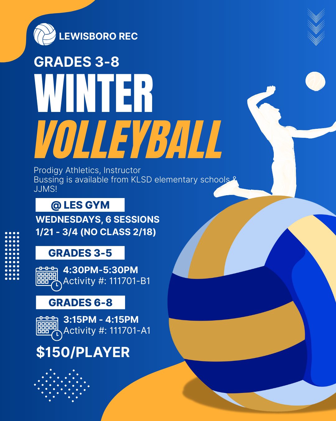 Ready to elevate your volleyball skills?
Join Prodigy Athletics starting next Wednesday, 1/21, for a fun, engaging, & educational volleyball clinic aimed at both beginners & intermediate players in grades 3-8. Bussing is available from all KLSD elementary schools & JJMS! ๐