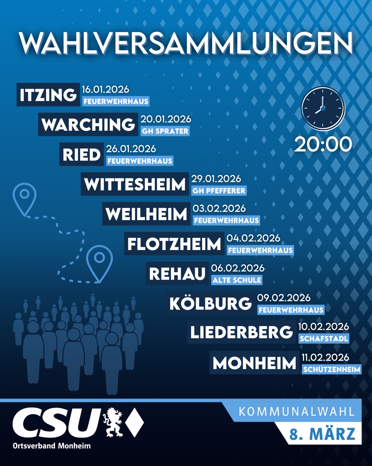 🗳️ Alle Wahlversammlungen auf einem Blick
🙌 Wir stellen uns vor und kommen zu euch 😃 📝 Jetzt Notieren und Speichern
🤝 Gemeinsam reden · zuhören · gestalten
🕗 Beginn jeweils: 20:00 Uhr
📆 Alle Termine im Bild
Kommt vorbei, wir freuen uns auf euch! 💙
🗳️ Kommunalwahl 8. März
#csu #monheim #bayern #stadtrat #kommunalwahl