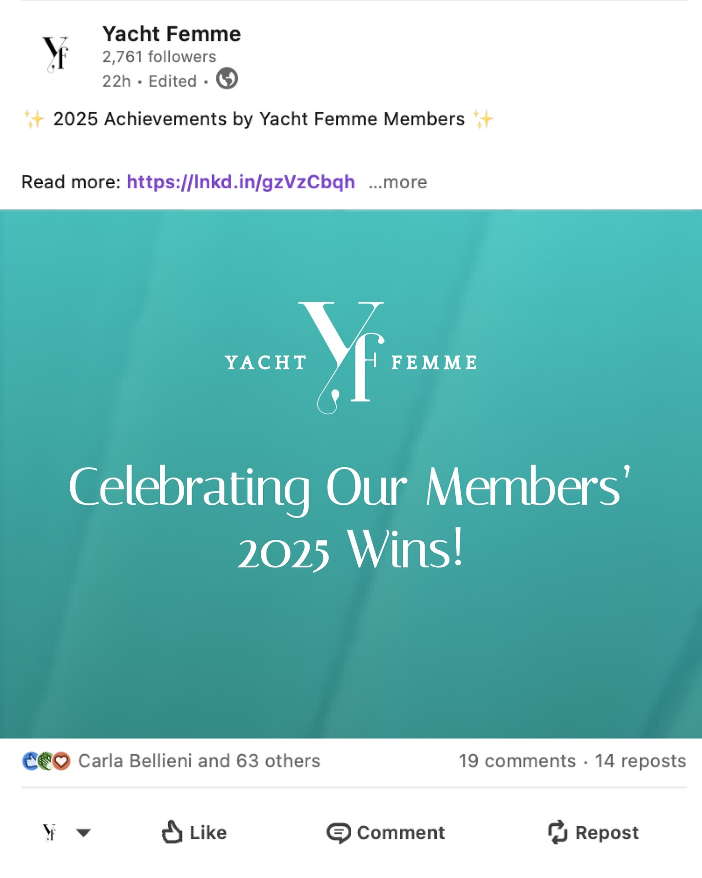✨ 2025 Achievements by our Members
-Andrea Tagliaferro: Expanded @yachtfemme, joined Navier
-Angelica Bernal: Joined Premium Nautical in Singapore
-Camilla Paggini: Closed yacht sale
-Camille Lopez: Worked w/ Total Energies Marine & partnered w/Mike Horn
-Carla Bellieni: Appointed Italy’s representative in the MYBA EU Legal Consortium (MEULC)
-Charlotte van de Kerk: Built Feadsu’s ESG data foundation & ESG tools
-Christelle Holler: Volunteered with Yacht Aid Global.
-Christelle G. Niamke: Founded Ubora Property Solutions
-Deborah Fry: Launched Yacht Trace
-Dilara Dayioglugill: Led high-value deals & launched MARE LEGAL book
-Evgenia Vatutina: Sinata Yachts as Director & revitalized Daymark Marine.
-Francesca Ragnetti: Joined Camper & Nicholsons and sold 52m Mangusta.
-Georgia Agù: Arranged ICC-endorsed Benetti Legal Symposium & negotiated three 70m+ contracts
-Haiying Xu: Founded Sagantara, in Phuket
-Jessica Galea: Appointed Partner at Dingli & Dingli Law Firm
-Jill Bobrow Yacht Femme Award winner. Published articles in multiple magazines
-Joanna Mucka: Opened new office & warehouse and welcomed 144 new clients
-Julia Kari: Successfully completed MBA with specialization in Marketing
-Karina Svitlana: Expanded Dani Yachting brokerage &advanced ASSYSTEW
-Kimberly Pucci: Expanded Atelier Collections, launched Luxury In Motion & completed two 40m yachts
-Laetitia Contat Desfontaines: Contat Desfontaines: Led Silverlining Furniture’s 40th anniversary.
-Lauren Cotton: Had my 3rd baby💙
-Lucy Goff: Launched Ocean Legal
-Marina Jarniat: Presented Skippers Magazine & Cannes Yachting Festival broadcast
-Marli Schoonraad: Expanded Pull North ecosystem and trained new professionals
-Michelle Van der Merwe: Promoted to Superyacht Group Manager, Mediterranean, at Pantaenius
-Miryam Fossati: Expanded Premier Cellars & provisioned a 118m Feadship
-Nadia Warshavskaya: Launched Spinnaker Bureau & joined TJB Superyachts
-Natalie McCollum: Launched EMBARK
-Oriana Schneps: Opened office/podcast studio & launched our Shop
-Raquel Hernandez: showcased Majesty 100 Terrace & won multiple awards Rebecca Gabby: launched Lexden Ultimate Experience.