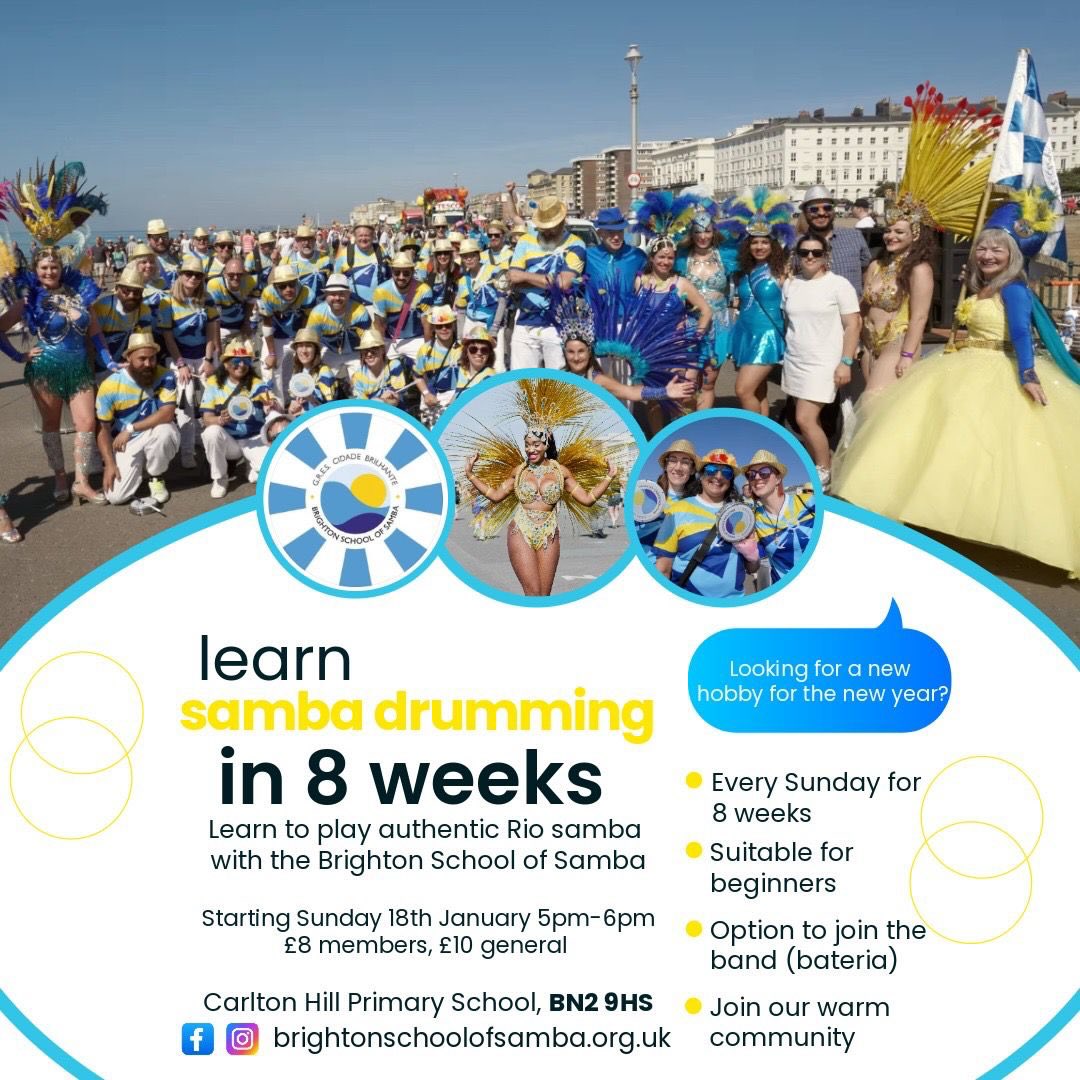 We are back!! Sunday 18th Jan @ 5pm sees the start of a new intake of Beginners at BSS!! Come and learn authentic Rio samba drumming at Brightons original samba school. Join the main group and perform with us across the city and beyond! Location: Carlton Hill School, Brighton. #samba #learnsamba #brightonsamba #sambadrumming #brightonschoolofsamba