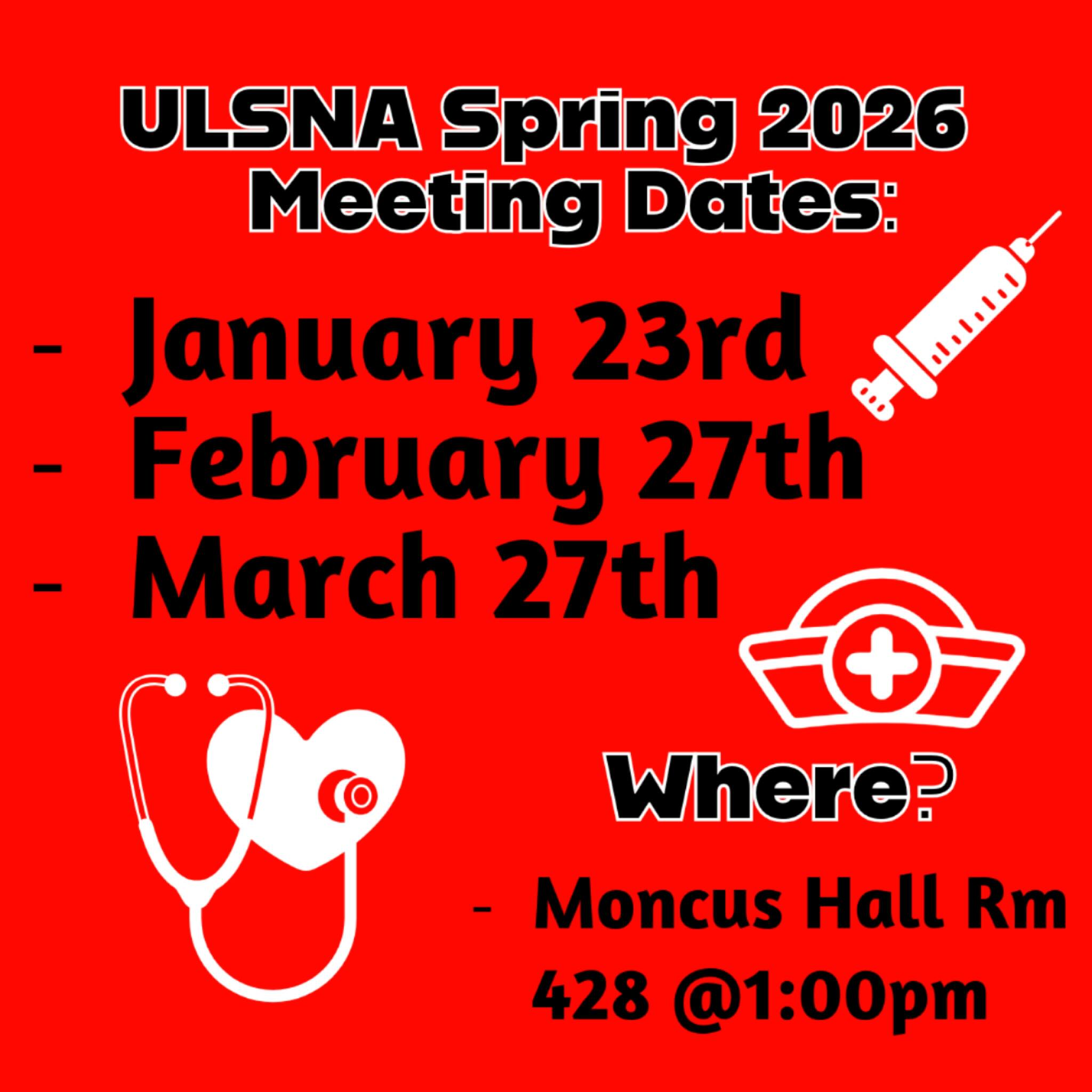 Hey Ragin’ Cajuns 🤟❤️
These are our general meeting dates for the semester be sure to mark your calendars!
To stay an active ULSNA member, attendance at 2 of the 3 meetings is required each semester.
Seniors, remember you must be active in your final semester to receive your graduation cord.
We can’t wait to see you all at our first general meeting! ❤️