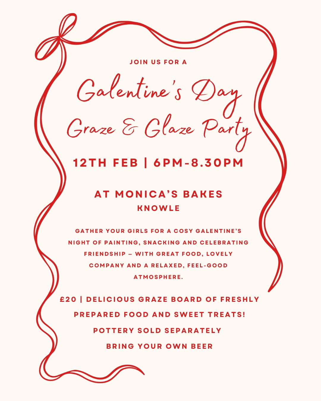💖 Galentine’s is back — by popular demand! 💖
12th February 18:00-20:30 @monicas_bakes After selling out last time, our much-loved Galentine’s evening has returned… but spaces are very limited ✨
Expect cosy vibes, pottery painting, great company and a delicious graze board 🧀🍇
🎨 Pottery sold separately
🍷 Bring your own booze (and your best gals!)
Grab your spot now before it fills up again 💕
👉 Booking essential
#solihull #solihullmums #galentines #pyop #girlsnight