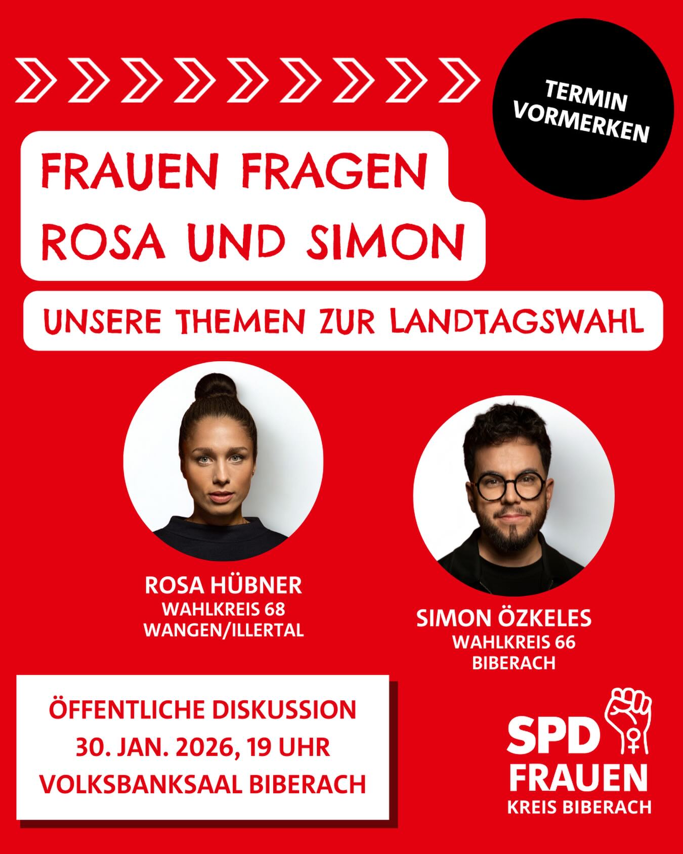 Du willst wissen, wie unsere Kandidierenden zur Landtagswahl ticken? Dann merk Dir diesen Termin vor! 🗓️🌹💬
Am Freitag, 30. Januar 2025 um 19 Uhr laden die SPD-Frauen im Kreis Biberach alle interessierten Frauen zur öffentlichen Diskussion mit Rosa Hübner (Wahlkreis Wangen/Illertal) und Simon Özkeles (Wahlkreis Biberach) ein.
Im Saal der Volksbank Biberach (Bismarckring 63) gehen wir auf Deine Fragen ein, ohne dass Du sie ins Mikro sprechen musst. 📝
Denn Politik geht alle Frauen an, die lauten und die leisen! Mischt Euch ein und gestaltet die Diskussion mit – besonders, wenn Euch Themen wie Bildung 📚, Wohnen 🏠 und Mobilität 🚴♀️ wichtig sind.
Der Eintritt ist frei. Wir freuen uns auf Dich und Deine Fragen! 🌹🤗
@rosa.hubner @simon.oezkeles
#spd #biberach #frauenfragen #landtagswahl #mitgestalten frauenpower