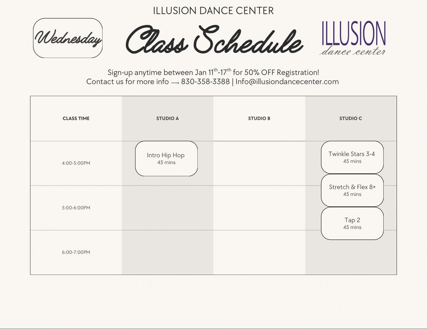 Join us for classes tonight⭐️
We are still offering our New Year Special of 50% off registration! Contact the studio to set up a free trial for your dancer💜