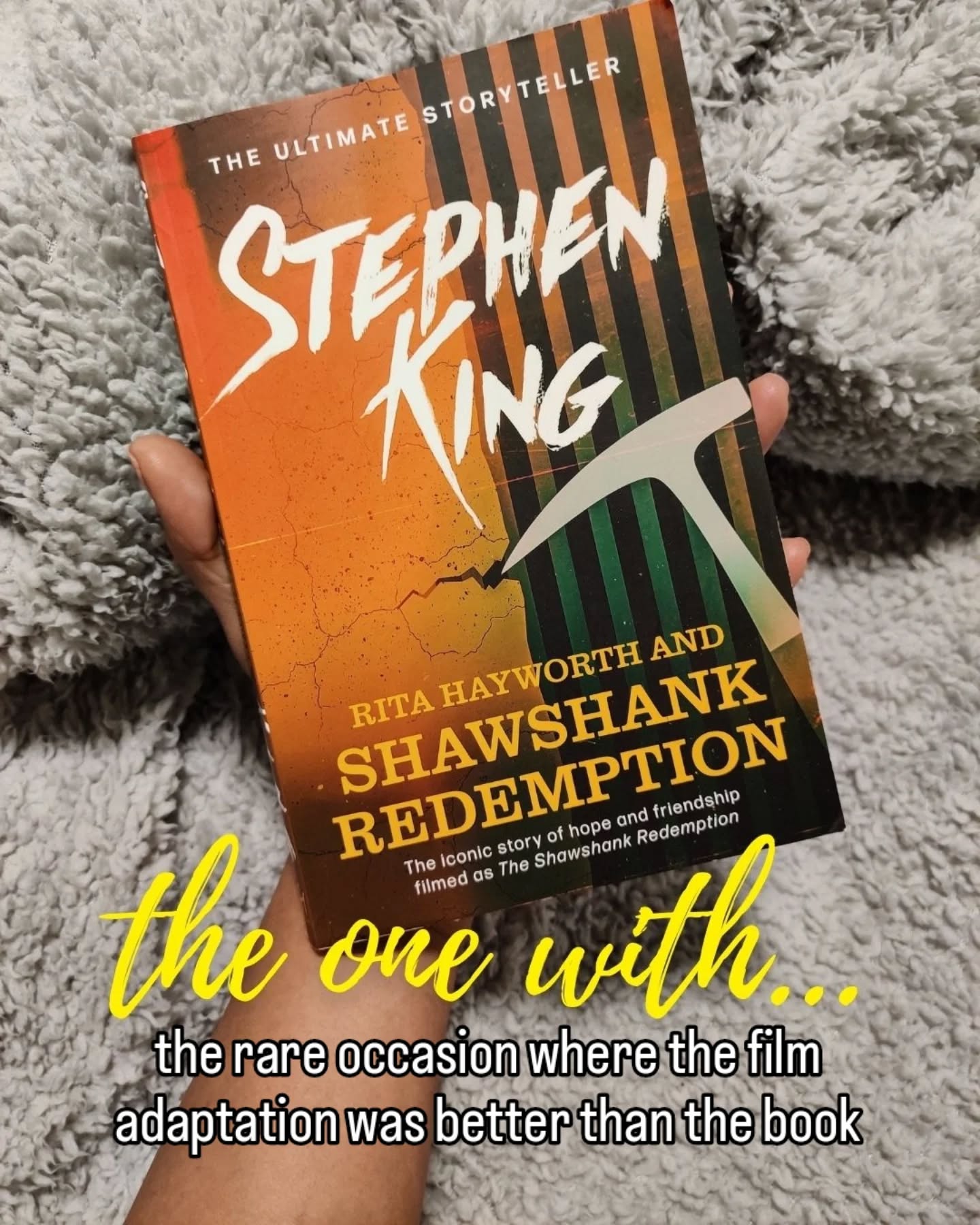 I confess, I have always thought the books were better than the film adaptations but for this one, I admit I was wrong. Shawshank Redemption is easily in my top five films of all time, so I had to read the book. It's one that's been on my TBR since forever and I finally got around to reading it late last year.
So, where do I begin? Shawshank Redemption was a good read. I couldn’t help but hear Morgan Freeman in my head narrating his character's voice the entire time. There are so many exact similarities to the film, but I hate to say that the book didn’t give me the same emotional satisfaction. I'm not sure if it was because I watched and loved the film before reading the book....
One of the biggest differences for me was the length... the book is short, the film is about a good 2.5 hours long. But that's not what made me enjoy it any less, the plot was still there, but something was missing and I can't put my finger on it.
Although it’s a short story, I would’ve loved chapter breaks, because there aren't any...at...all. It took a while to settle into the rhythm without knowing natural stopping points, which made it harder to dip in and out. I was exhausted when I was reading this so not having chapter breaks made it that much harder to get through.
⚠️⚠️Another difference was,...Spoiler Alert! If you haven't read or seen either, don't continue reading this review... unless you want a spoiler...
..
..
..
Anyway , another difference was the lack of closure in the book. The film gives us that final closure and sense of satisfaction when Red meets Andy on an Island (the one that no one would actually remember the name of (do you?)). The book on the other hand, leaves it open. I get why, but I missed the closure, and that good feeling you get in the film when Red walks along the beach to Andy, especially after what institutionalisation did to Brooks. (RIP 🕊️)
Still, it was a strong read and an easy 3-4 stars. I’m not entirely sure if that fourth star is because of the story itself, or because of how deeply I love the film, probably a bit of both. A great book, but for me, the film remains unmatched.
I'd still highly recommend both. Classic 🖤