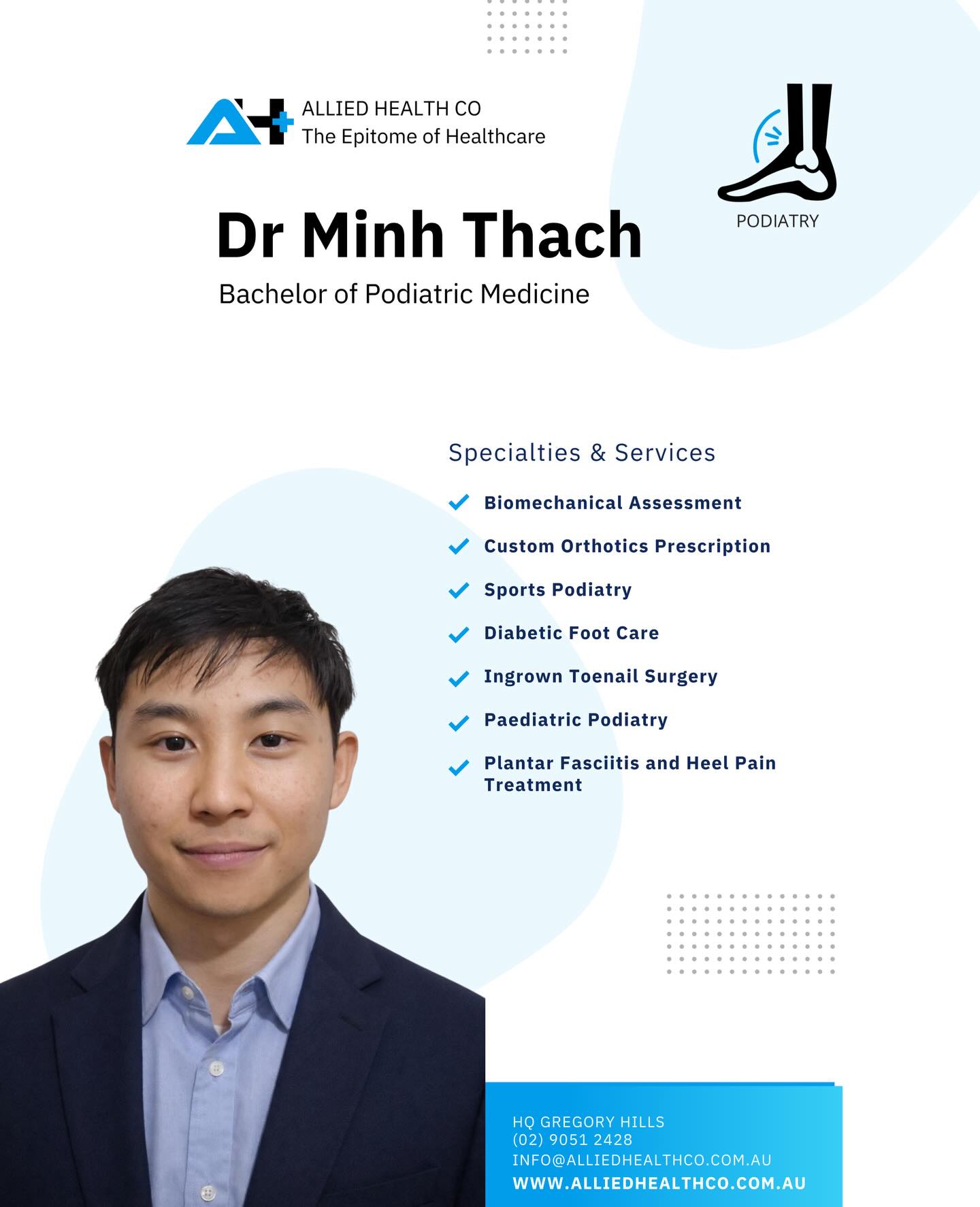 Meet Dr Minh Thach, our podiatrist with 5+ years of clinical experience and a strong focus on advanced biomechanical analysis 👣
From movement assessments to custom orthotics, Minh is passionate about optimising how your body moves — from the ground up.
🔗 Book now: www.alliedhealthco.com.au/bookings
📞 02 9051 2428
📍39-47 Lasso Road, Gregory Hills 2557