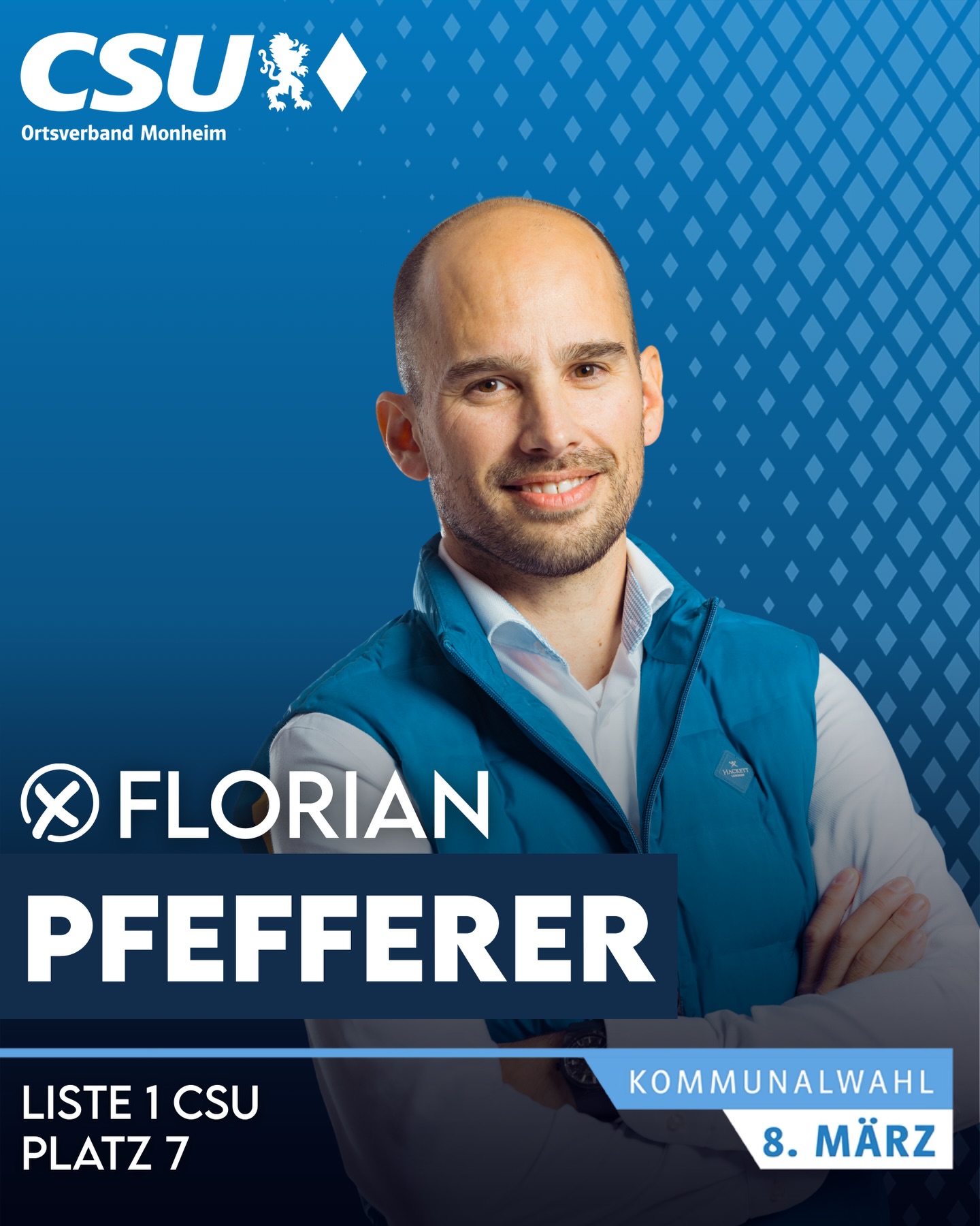 📣Wir stellen vor für den Stadtrat:
👤 Florian Pfefferer
🎂 40 Jahre | 💍 verheiratet
💼 Leiter Vertrieb & Projektmanagement SGL-Carbon
🏡 Monheim
⚽ Fußball
🏟 TSV Monheim
🗳 Kommunalwahl 8. März
➡️ Liste 1 CSU – Platz 7
#csu #monheim #bayern #stadtrat #kommunalwahl