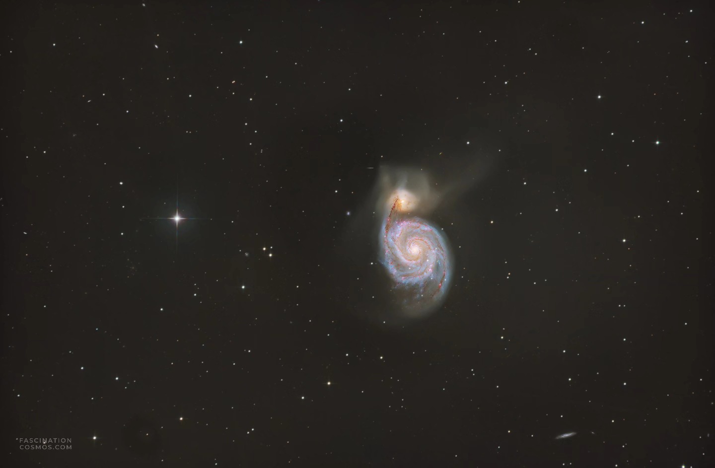 Whirlpool-Galaxie M51
Die Whirlpool-Galaxie oder M51, die Nummer des Messier Katalogeintrag: man stellt sich einen kosmischen Strudel vor, und genau das ist es auch, was wir da sehen. wir blicken auf eine Galaxie in Aktion. M51 ist nicht allein, sie hat einen Begleiter, eine kleinere Zwerggalaxie namens NGC 5195 und diese beiden ziehen aneinander an. Eine Wechselwirkung wie ein galaktischer Ringkampf, die Konsequenzen hat: überall in diesen prächtigen Spiralarmen, da kollabiert Gas und Staub unter seiner eigenen Schwerkraft, und es entstehen neue Sterne, massereich und hell. Wir sehen das Licht dieser jungen Sterne, wir sehen die leuchtenden Gaswolken, aus denen sie entstehen. Und genau genommen sehen wir gerade Licht, das sich aber etwa bereits vor 25 Millionen Jahre auf den Weg gemacht hat!
Die Originalaufnahme habe ich für die Sichtbarkeit der roten Nebel bzw. Gaswolken mit nur 4 H-alpha Aufnahmen mit je 450 Sekunden gemacht, sowie mit 38 LRGB Aufnahmen mit je 120 Sekunden, in Summe also weniger als 2 Stunden Aufnahmezeit in meiner Gartensternwarte mit einem Lacerta 12", 1200mm mit f/2.8 und mit QHY268M und mit 5 Filtern belichtet. Mit Astro Pixel Prozessor, Pixinsight, Adobe PhotoShop verarbeitet.
Bitte sehr gerne meine Post weiterleiten ! Jedwede andere Art von Kopien oder Nutzung ist nur mit ausdrücklicher Erlaubnis des Copyright Inhabers erlaubt. Bestellung von Kopien und Bildern gerne unter https://photo-portal.shop/profiles/fascinationcosmos.com/#/ oder einfach per Nachricht an mich.
#fascinationcosmos #cosmos #faszinationkosmos #kosmos #franzrettenbacher #astrophotography #astrofotografie #astrophoto #astrofoto #deepsky #astronomie #astronomy #astro #teleskop #amateurastrophotography #qhy268m #CelestronCGX #deepspace #M51 #Whirlpoolgalaxie
