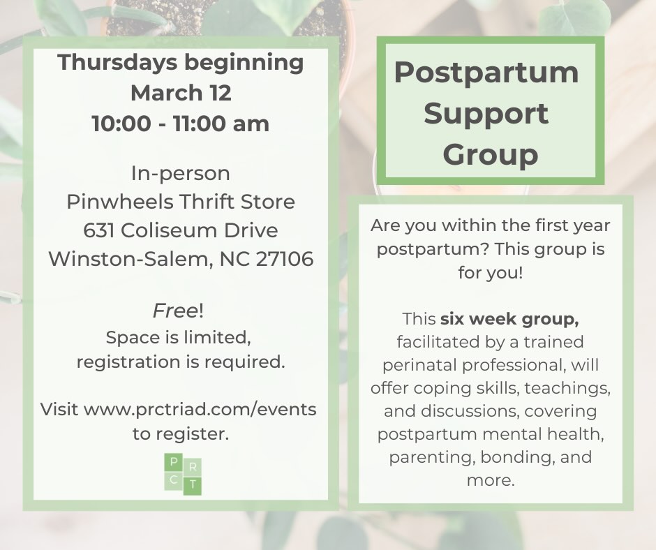 💚 Upcoming Postpartum Support Group 💚
If you are about to give birth or are within the first year postpartum, PRCT’s upcoming In Person Postpartum Support Group is for you.
Where: Pinwheels Thrift Store
When: Thursday mornings starting March 12, 2026
Why: To get support postpartum and learn ways to cope with this transition alongside other postpartum moms.
This group is free and registration is required. These spots fill up quickly, so register today!
Www.prctriad.com/events