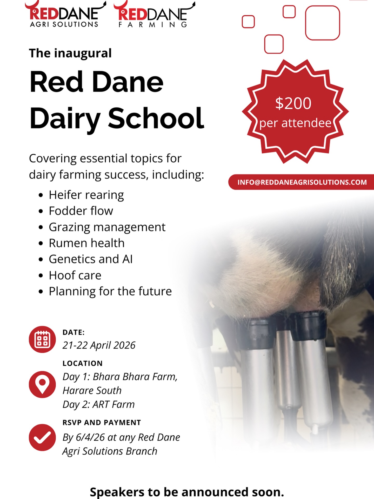 We are so excited to announce that we will be holding the first Red Dane Dairy School this April. This will be an invaluable event for anyone in the dairy industry looking to learn and improve their operation, be that a dairy farm or any dairy-related business.
The school will involve practical demonstrations on-farm as well as presentations, from local and international experts.
To attend, please register and pay at any Red Dane Agri Centre by the 6th of April 2026. We look forward to hosting you and further improving the Zimbabwean dairy industry.
#dairyschool #zimbabwefarming #dairyfarming #reddaneagrisolutions #wearelivestock