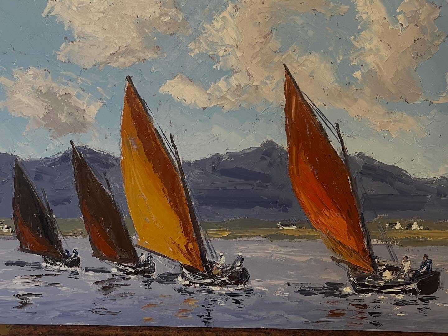 “RUNNING THE WIND, GALWAY HOOKERS. ROUNDSTONE BAY. IRELAND “. Oils. Canvas 20/30ins. €2000. 087 2561178