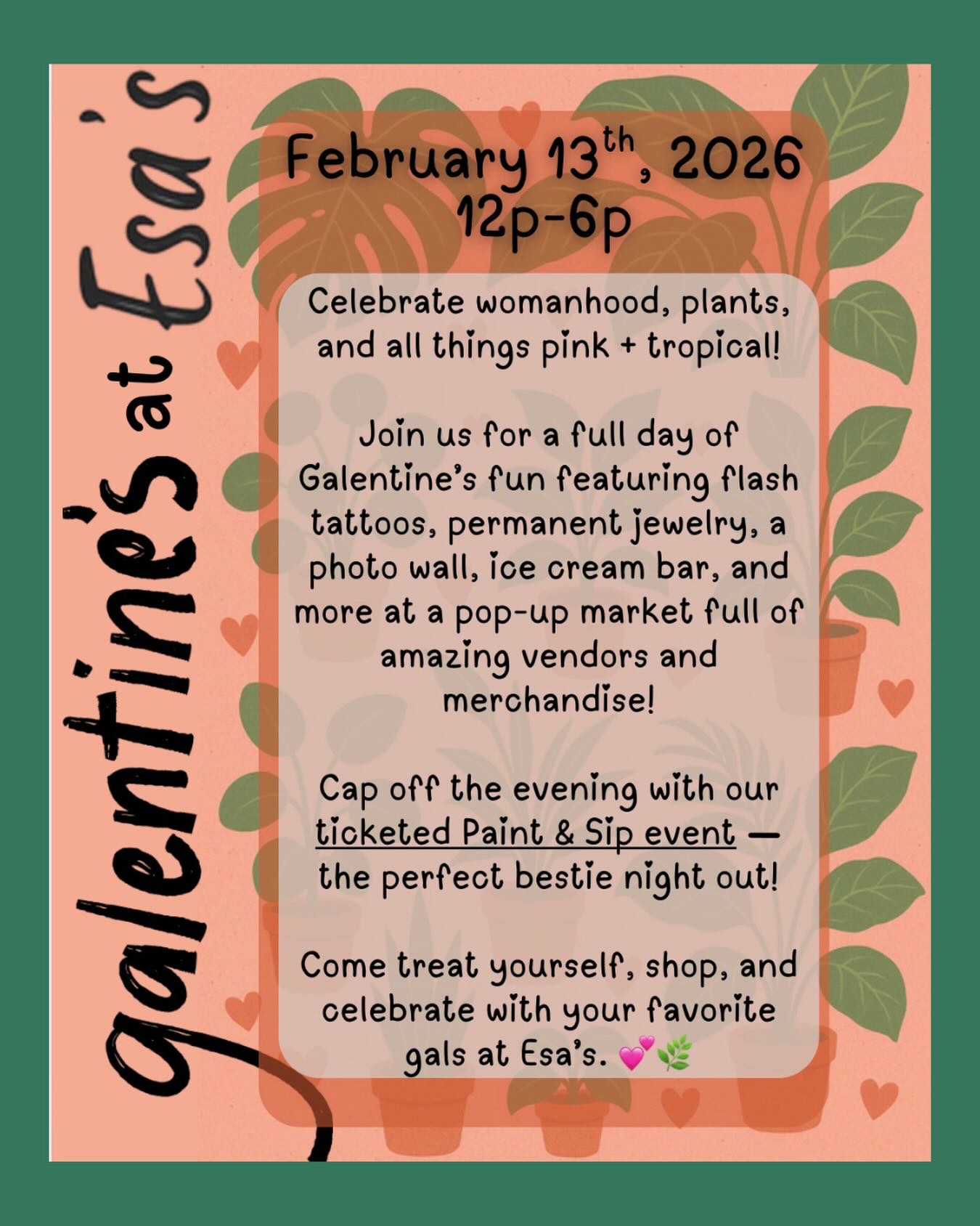 Second market of the year at Esa’s on February 13th!
This is going to be such a blast and features an amazing crew of vendors!
Stop in for a tattoo or permanent jewelry, snap a pic with your favorite girl (or your whole girl gang) at the photo wall, enjoy a sweet scoop of ice cream, and shop everything @esasdirtymix has to offer plus an assortment of pop-up vendors!
BUT WAIT, THERE’S MORE! 💓
Cap off your evening (or get it started) with a Paint & Sip event! Follow @esasdirtymix for more information on tickets.
We can’t wait to spend the afternoon and evening with these amazing women-owned businesses and look forward to seeing you there!
📅 When: February 13 | 12–6 PM
📍 Where: Esa’s Dirty Plant Mix, Enumclaw, WA
