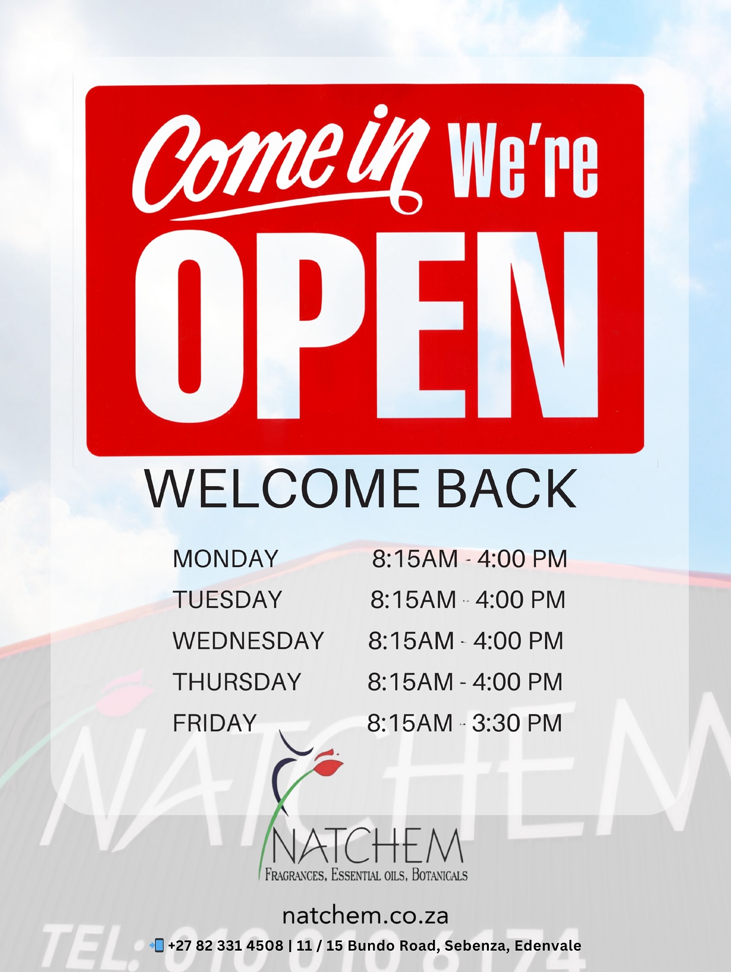 Natchem is open and we canโt wait to welcome you. Come stock up on all your fragrance oils and packaging needs with your trusted supplier.
๐
Open from today, 12 January 2026
โ๏ธ Telephone: 010 010 6174
๐ฒ WhatsApp: 082 331 4508
๐ Address: 11/15 Bundo Road, Sebenza, Edenvale
๐ Link in bio
#natchem #FragranceOilsSA #2026 #NewYear