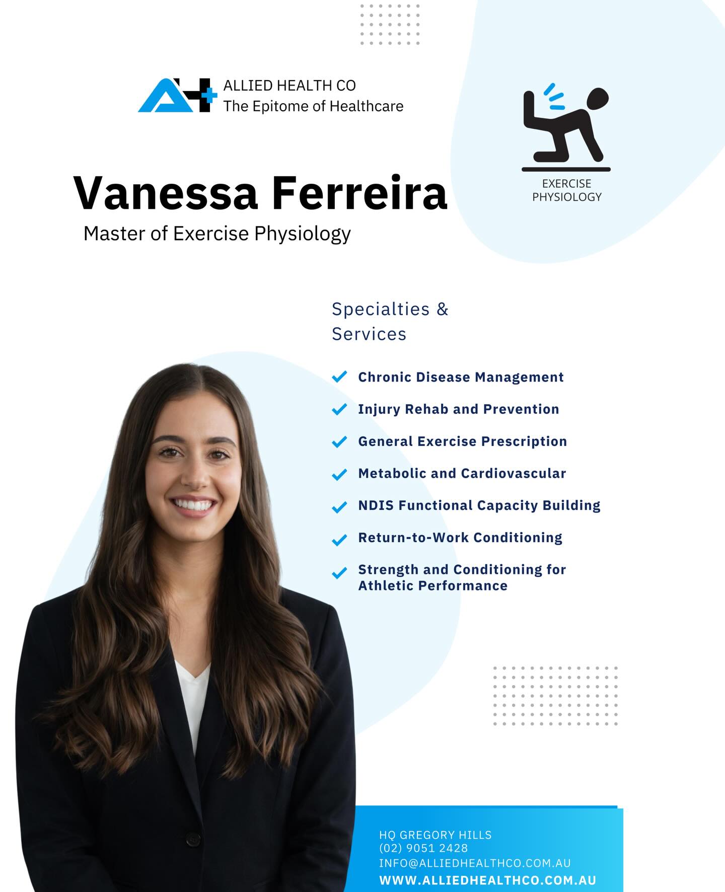 Meet Vanessa Ferreira, our Exercise Physiologist with a Master of Exercise Physiology 💪
Vanessa specialises in injury rehabilitation, chronic disease management, and functional capacity building, delivering evidence-based programs tailored to real-world movement and long-term health outcomes. 🌿
📍 Now consulting at Allied Health Co, Gregory Hills
🔗 Book now: www.alliedhealthco.com.au/bookings
📞 02 9051 2428
📍39-47 Lasso Road, Gregory Hills 2557