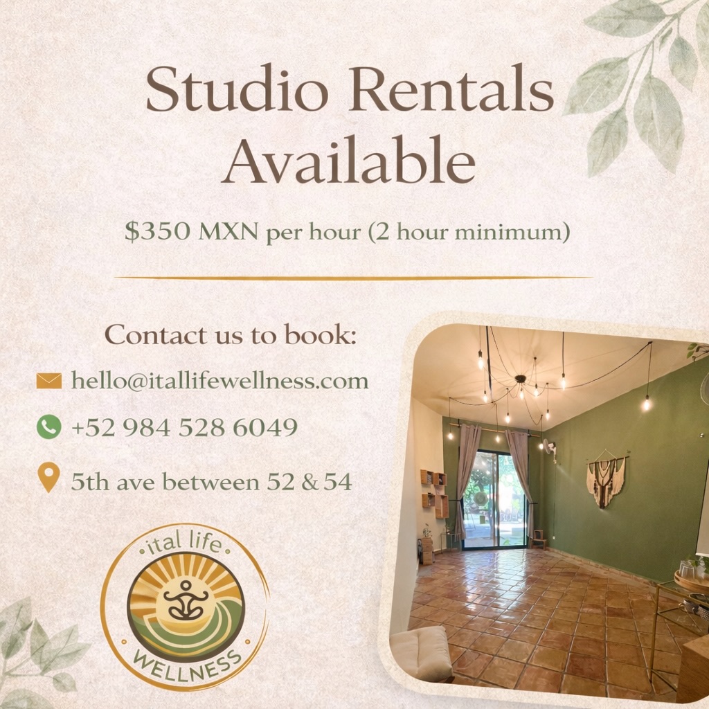This space is available for aligned use.
Ital Life Wellness offers studio rental for facilitators, teachers, and practitioners looking for a calm, light-filled environment to host classes, workshops, or private sessions.
If you value energy, presence, and intention as much as aesthetics, this space may be a good fit.
Inquiries via email, WhatsApp, or request to book online.
Link in bio
Calm is our currency.
⸻
#ItalLifeWellness #PlayaDelCarmen #WellnessSpace #StudioRental #IntentionalSpaces
