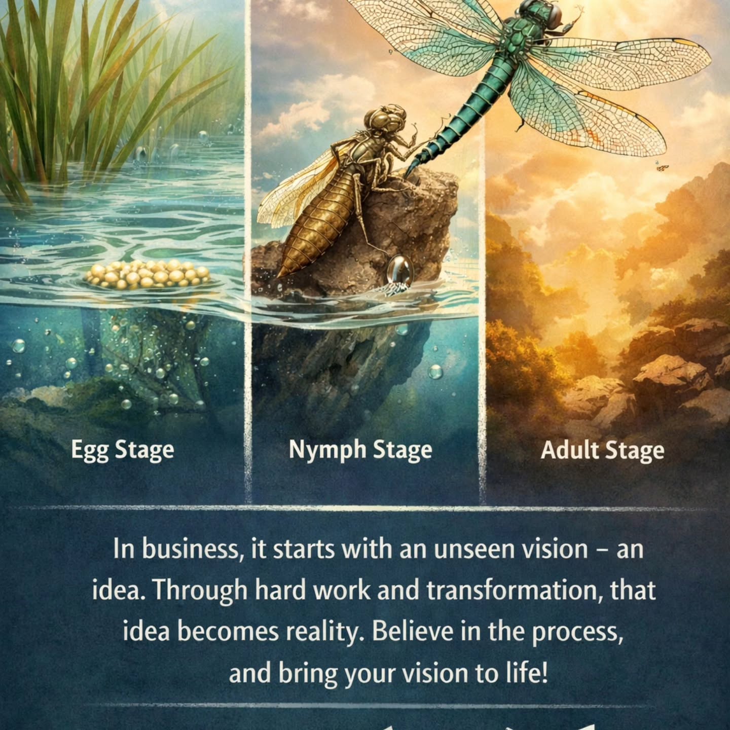 Wait...mabe this is old for most. I knew of the butterly but never really looked into the Dragonfly!!
The dragonfly spends its a few years underwater as a nymph — growing, shedding, adapting — long before it ever takes flight!! The cycle is intriguing.
Business is no different.
You start with a vision.
You work in silence.
You question yourself.
You outgrow old versions.
And then one day… you rise. 🌟
Not because you became something new —
but because you trusted what was always possible.
The water nymph has no idea whats coming next....
If you’re still “underwater,” keep going.
Your wings are forming. ✨
🌀 Trust the timing
🌀 Believe the vision
🌀 Let it come to life
#trusttheproces
#businessgrowthstrategy #entrepreneurgoals
#visiontoreality
#ebbnflowbusinessconsulting