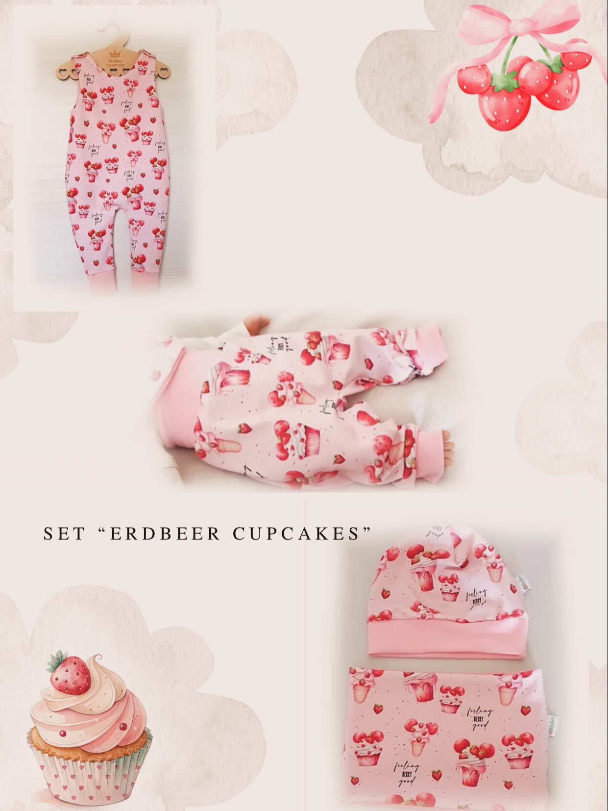 Strampler, Mütze und Pumphose im zarten Erdbeer-Cupcake-Look. Total süß und einfach zum Verlieben. 🍓🧁