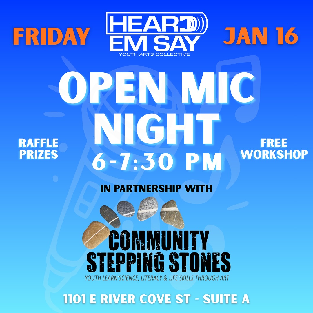 Join Community Stepping Stones and Heard ‘Em Say Youth Arts Collective for an evening of creativity, connection, and community at our Sulphur Springs Open Mic Night this Friday, January 16 from 6 PM to 7:30 PM
📝 Community Poetry Workshop
🎙️ Open Mic Experience
🎨 CSS Student Art on Display
🎟️ Raffle Opportunities
Whether you are ready to grab the mic or just want to soak in the talent, this is a night you won’t want to miss. Bring your friends, your poems, your songs, and your support for our amazing youth artists!
Let’s show up and show out for Sulphur Springs! 💛
