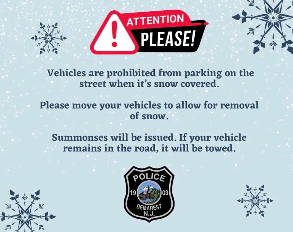 Just a friendly reminder to remove your vehicles from the roadway today (1/17) in order to allow the DPW to smoothly plow the roads!!!
Thank you for doing your part in keeping everyone safe!