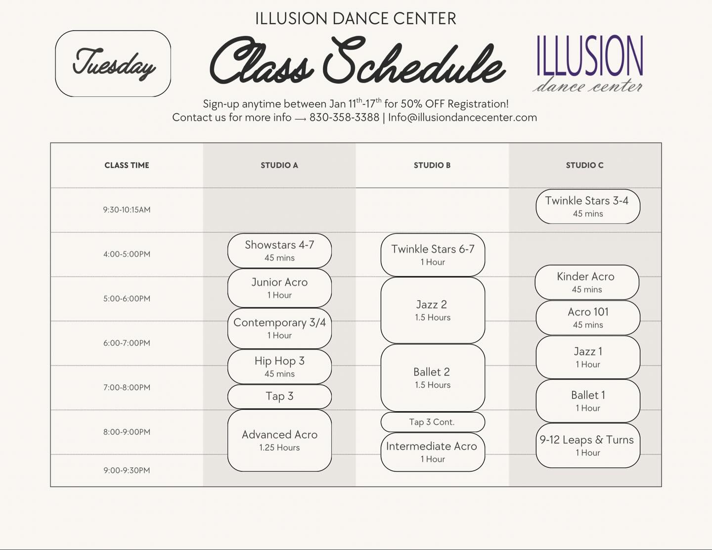 Join us for classes tonight⭐️
We are still offering our New Year Special of 50% off registration! Contact the studio to set up a free trial for your dancer💜