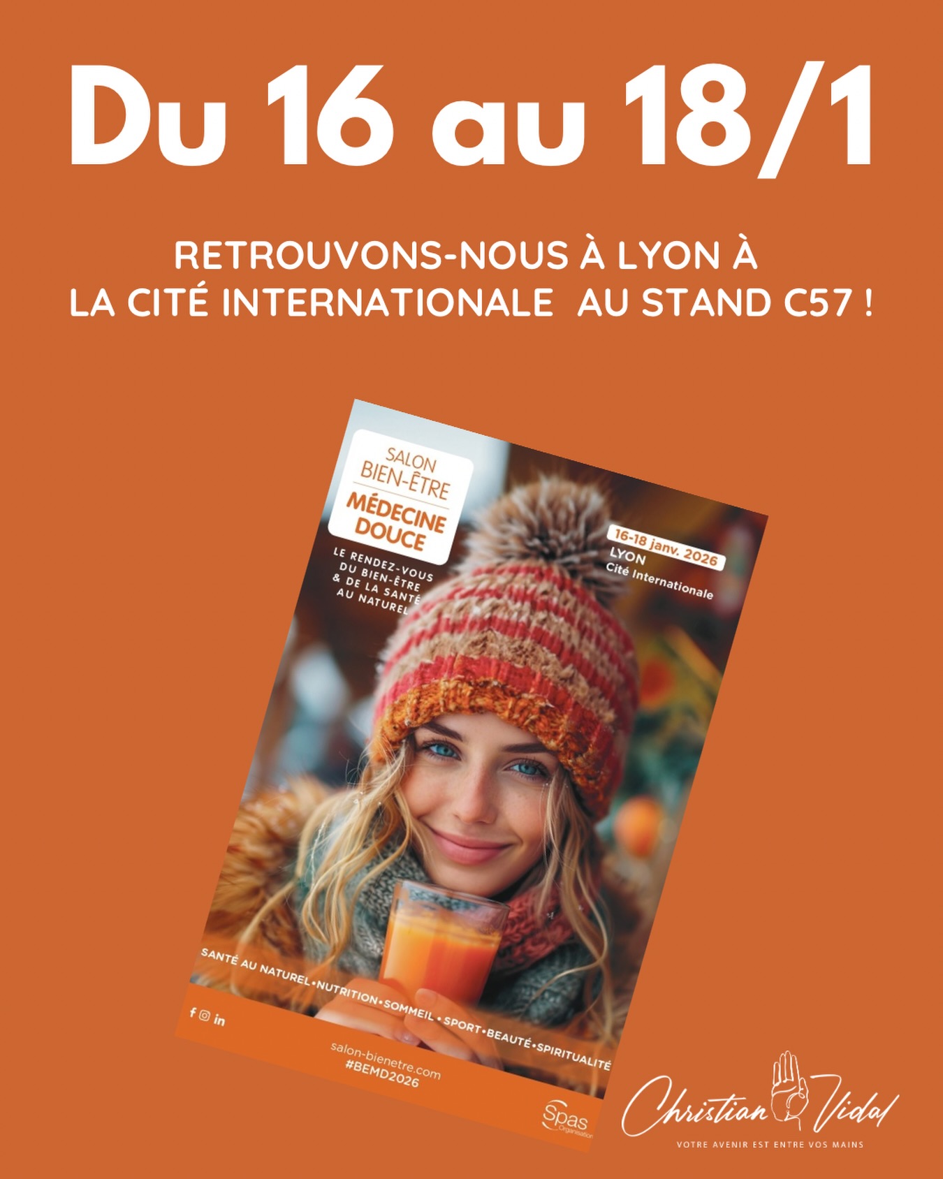 ✨ Première fois à Lyon✨ @salonsmedecinedouce
Du 16 au 18 janvier 2026, j’aurai le plaisir de participer pour la première fois au
Salon Bien-être & Médecines Douces de Lyon, à la Cité Internationale.
📍 Stand C57
Un nouveau lieu, de nouvelles rencontres, et toujours la même intention :
prendre le temps d’échanger, de transmettre, de répondre à vos questions.
Que vous me connaissiez déjà ou que vous découvriez mon travail, ce salon est une belle occasion de se rencontrer en vrai, simplement, autour de ce qui nous relie : le sens, le discernement et l’humain.
📅 16 → 18 janvier 2026
📍 Lyon – Cité Internationale
🪑 Stand C57
Au plaisir de vous y retrouver.
🎁Télécharger votre entrée gratuite : https://www.salon-medecinedouce.com/lyon/visiteur_invitation/