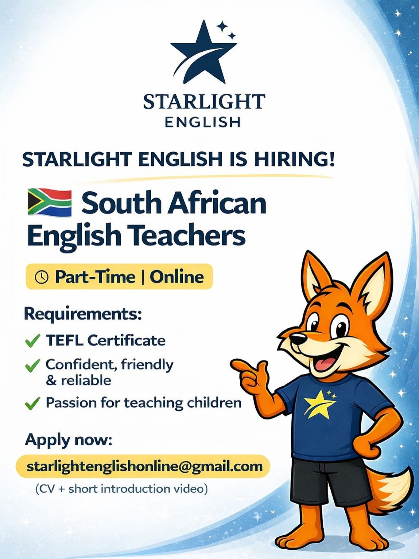 Looking for a flexible way to teach online?
Join a growing English school and make a difference from anywhere in South Africa! 🦊 ✨
📩 Applications now open!