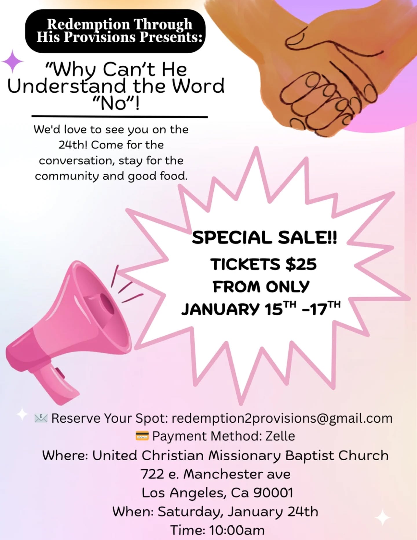 1/24/26 at 10 a.m. is coming, and I can't wait to have that front row seat to the breakthrough folks in attendance are going to have.
📍 United Christian Missionary Baptist Church, "Why Can't He Understand the Word 'No!'" will create space for powerful conversations, offer interactive exercises for healing, and deepen your understanding of family relationships + trauma, as well as the signs that require your attention.
Connect at redemption2provision@gmail.com to learn more, purchase tickets (now $25🤑), or give toward the scholarship fund.
I hope to see y'all there 🙌🏾🙏🏾
#trauma #heal #losangeles #therapy