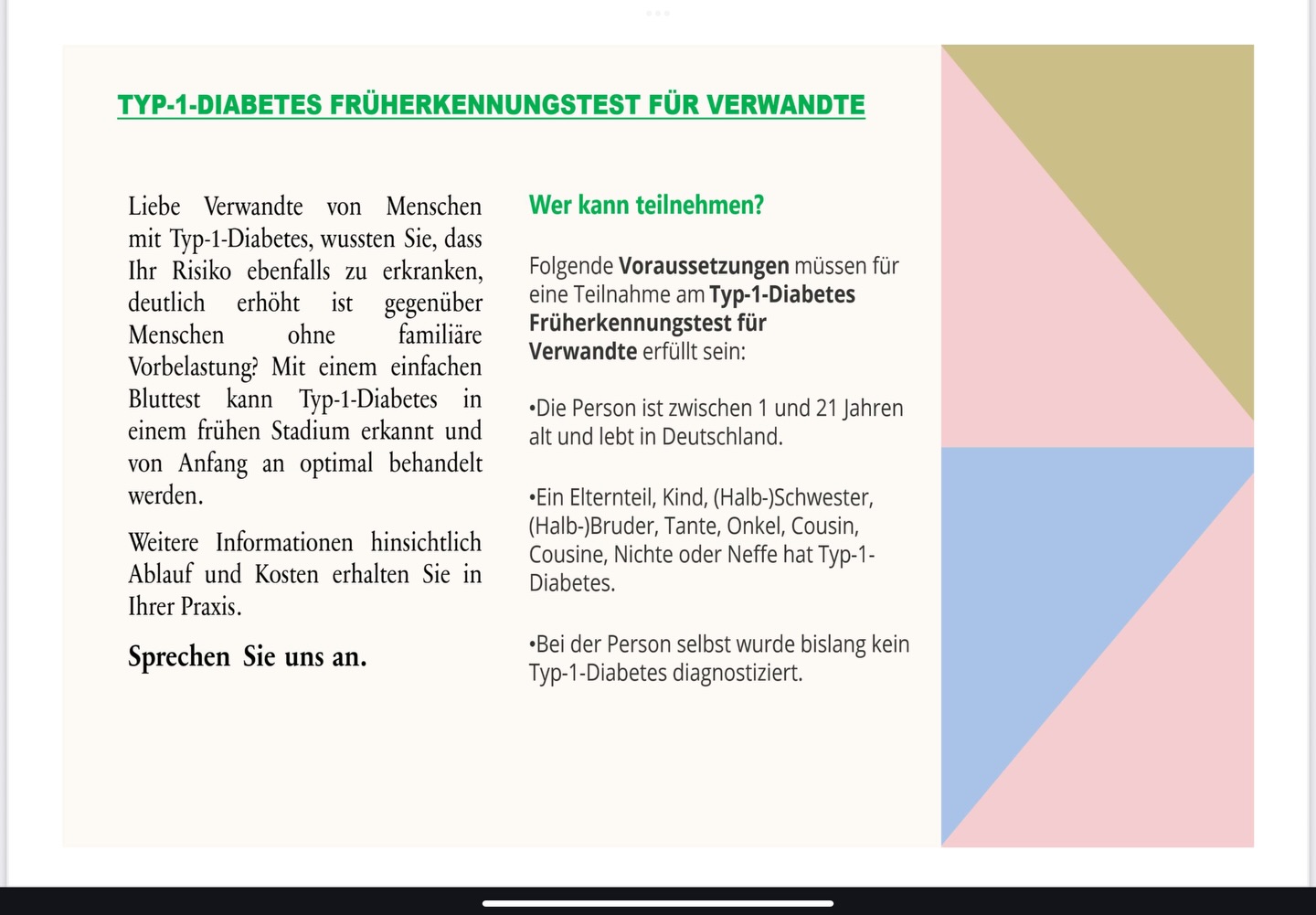 🧑🧑🧒🧒 Typ-1-Diabetes in der Familie?
Früherkennung ist möglich - noch vor Symptomen.
🩸 Ein einfacher Bluttest kann frühzeitig helfen.
👉 Sprechen Sie uns an!
#elterninfo #typ1diabetes #prävention #gesundheit #kinderarztpraxis