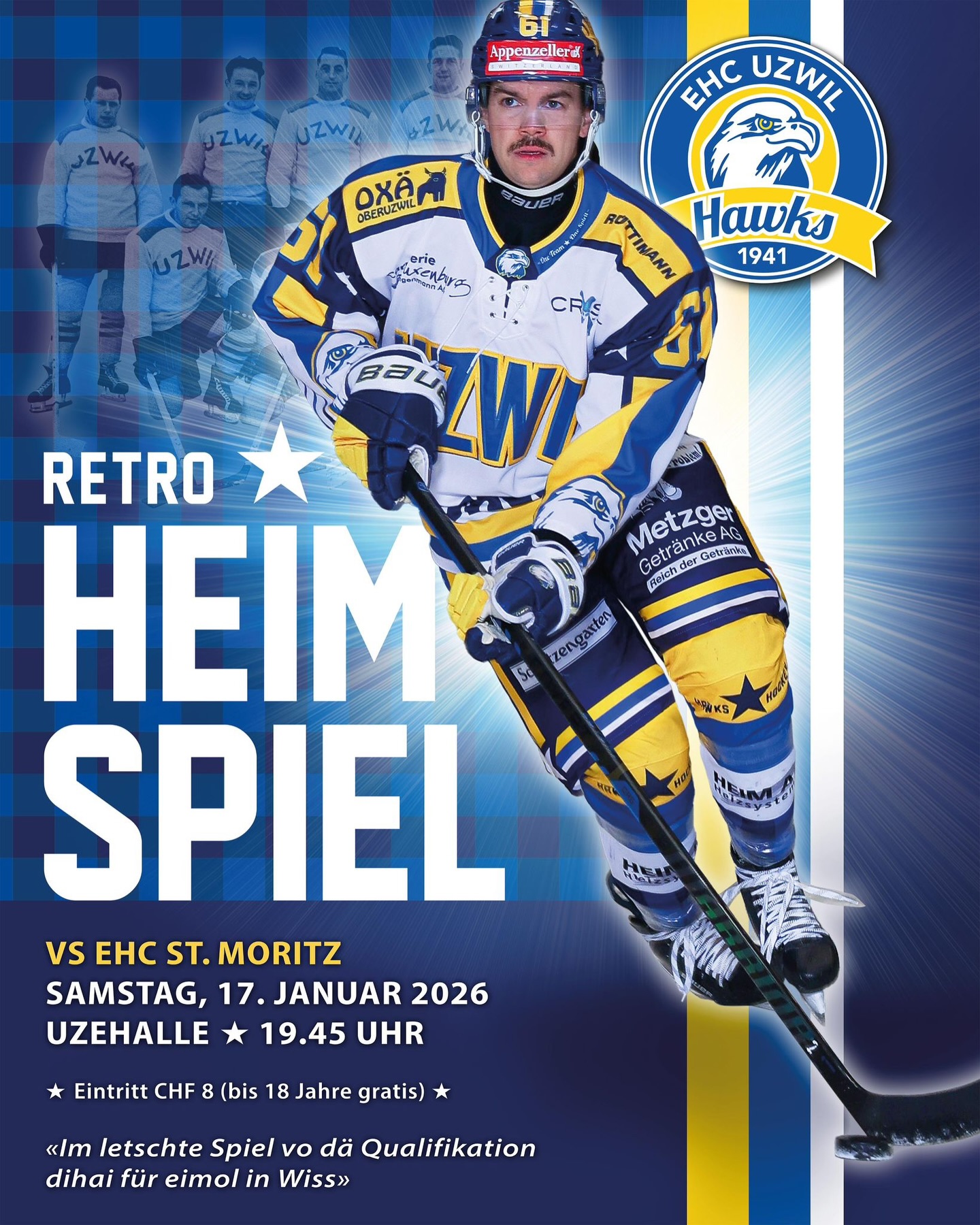 Heute Abend treten wir auswärts gegen den SC Weinfelden an. Am Samstag folgt dann zuhause das nächste Highlight: Im letzten Spiel der Qualifikation bestreiten wir unser „Retro-Game“ und laufen für einmal in den weissen Auswärtstrikots auf. Mit eurer Unterstützung wollen wir die Quali erfolgreich abschliessen und uns für die Niederlage vom Dezember in St. Moritz revanchieren.
#ehcuzwil #ehcuzwilhawks #heimspiel #retrogame #goodoldtimes