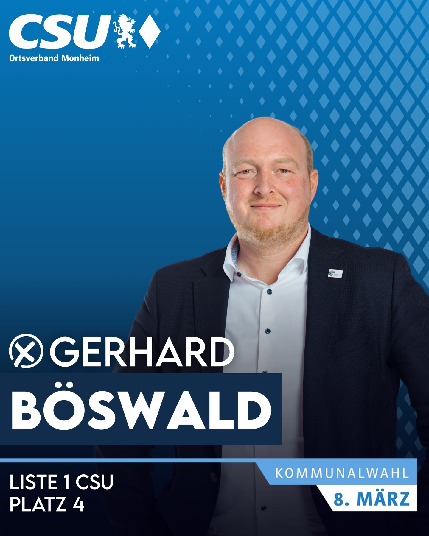 📣Wir stellen vor für den Stadtrat:
👤 Gerhard Böswald
🎂 38 Jahre | ➖ ledig
🏛 Stadtrat
💼 Wirtschaftsreferent der Stadt Monheim
🏢 Geschäftsführer Natursteinwerk Böswald
🏡 Weilheim
🎣 Hobbys: Fischen
🗳 Kommunalwahl 8. März
➡️ Liste 1 CSU – Platz 4
#csu #monheim #bayern #stadtrat #kommunalwahl