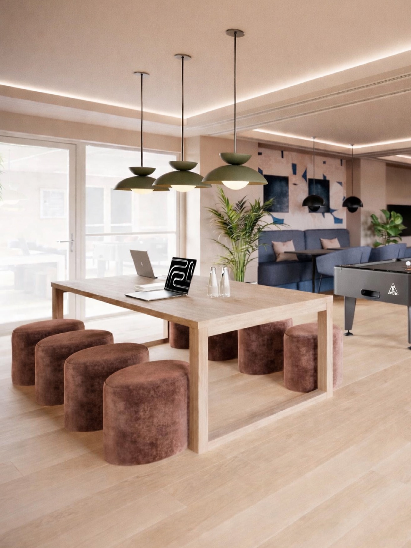 Lovely display of our Scandi solid Oak dining table 639 with a Natural wax finish. Loving the concept of using small stools instead of chairs in this workspace. #oak #oaktable #oakfurniture #carpentry #woodworking