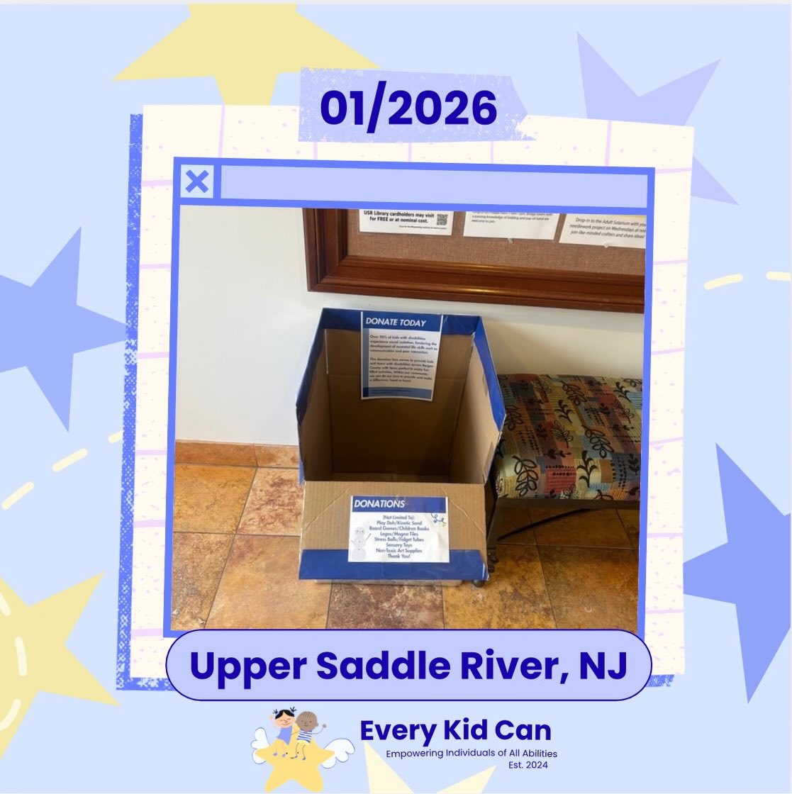 Every Kid Can placed our sixth donation box at the Upper Saddle River Public Library in Upper Saddle River, NJ during the month of January 2026. We have collected the donations recently, and are working to donate collected items to centers and programs that supported youth with disabilities. Every donation helps bring joy and inclusion to our community, so thank you to all who supported through donating.
Thank you for supporting our mission!
#donationboxes #libraries #disabilityawareness #everykidcan #neurodiversity