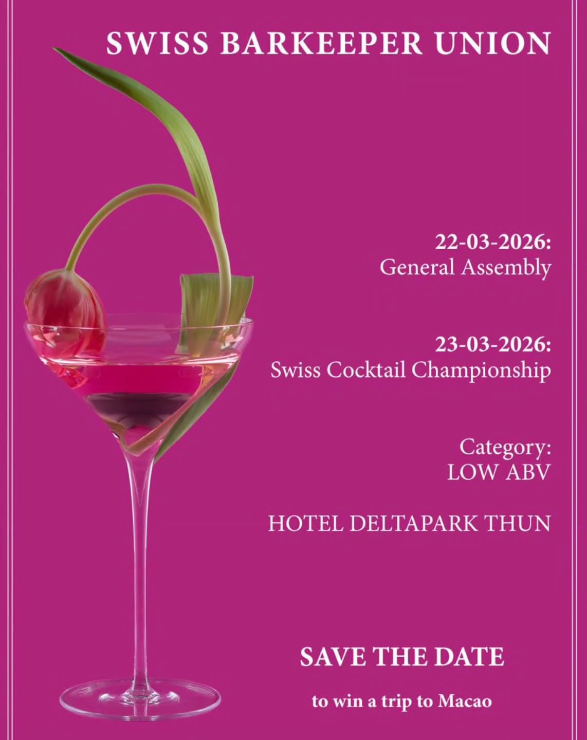 Save The Date !!!
This year the lovely city of Thun welcome the SBU for two main event of the year !
General Assembly will take place on the 22nd of March !
The Swiss Cocktail Championship will take place on the 23rd of March !
The Swiss champion will represent Switzerland at the IBA WCC 2026 in Macau 🇲🇴
