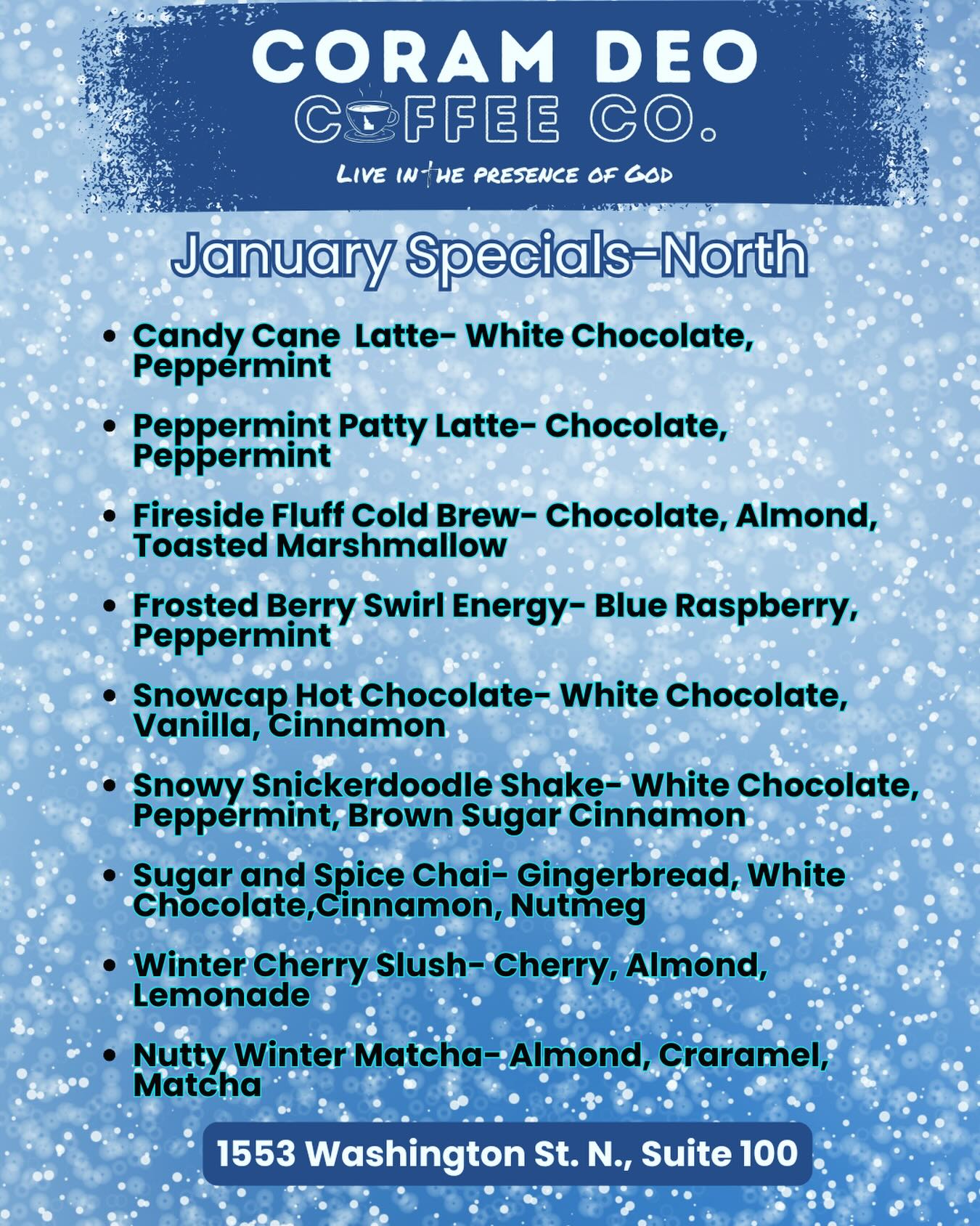 ๐ค NORTH Specials ๐ค
Hello January! These yummy drinks are available at both locations, but we think itโs so fun to create unique specials for each shop ๐ South specials are coming soon โ stay tuned! โ๏ธ
#newdrinks #january #specials #coramdeocoffeeco #coramdeocoffeeconorth