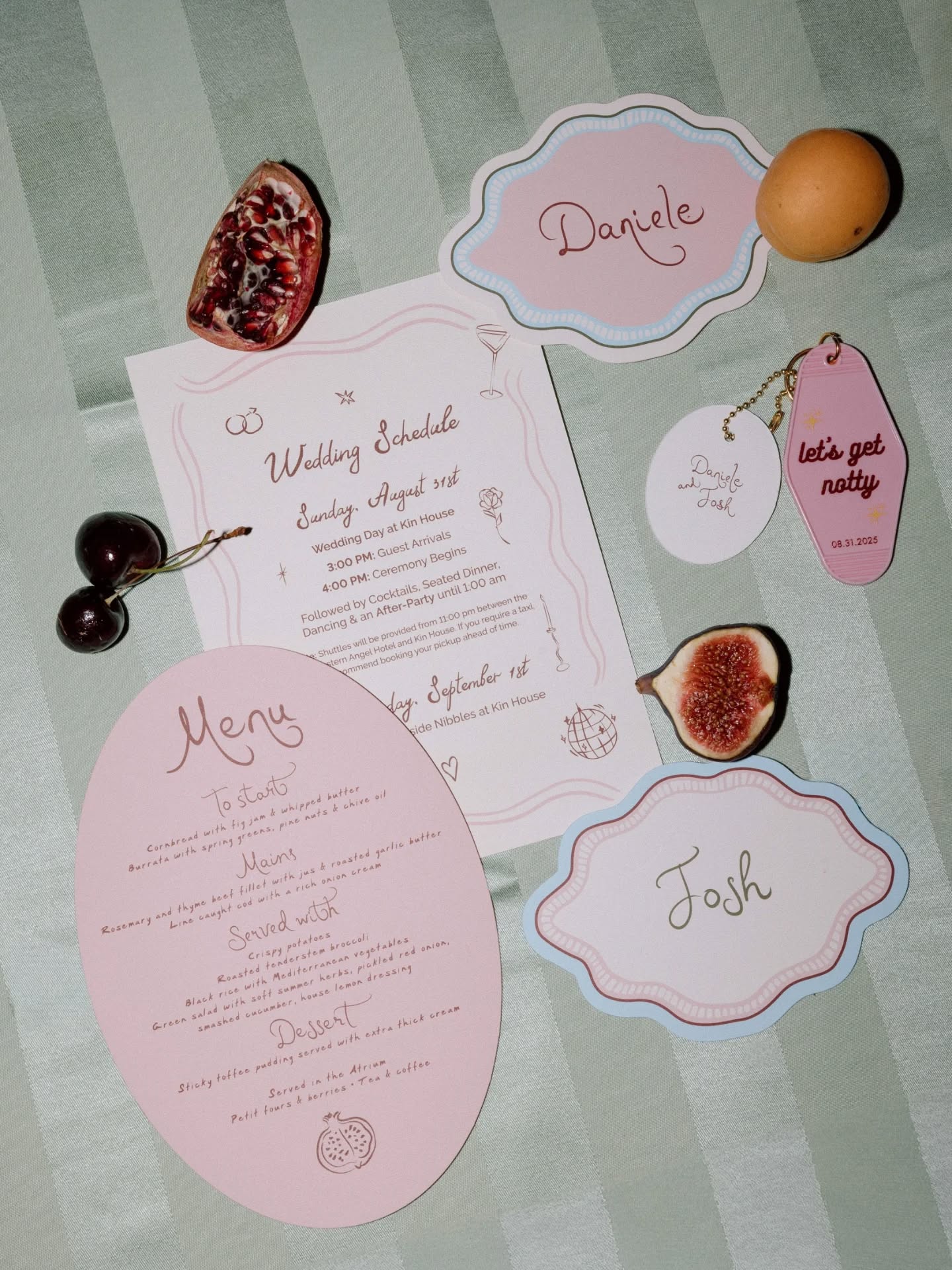 Daniele + Josh's summer wedding at Kin House was such a joy to create for.
Seasonal fruit, soft draping and colourful florals created the perfect base for their stationery, with linens chosen by the bride and I from Kin House’s beautiful collection tying everything together.
Muted hues of pink, olive, ruby and powder blue made the whole suite feel quietly colourful yet considered.
A truly lovely project with the best couple + team.
Photographer: @daniellevictoriaphoto
Venue: @kinhousewiltshire
Florals: @studiofeverfew
Stationery: @mapleandrae
Draping: @drap.d_
Dress: Bride’s mothers
Hair/MUA: @talie_danielle
Video: @roo_films
Brass band: @backchatbrass
DJ: @dankrainesdj
Production: @sensationband
Ice cream: @cotswoldsicecreamco
Pizza: @goodfingpizza
#kinhouse
#weddingstationery