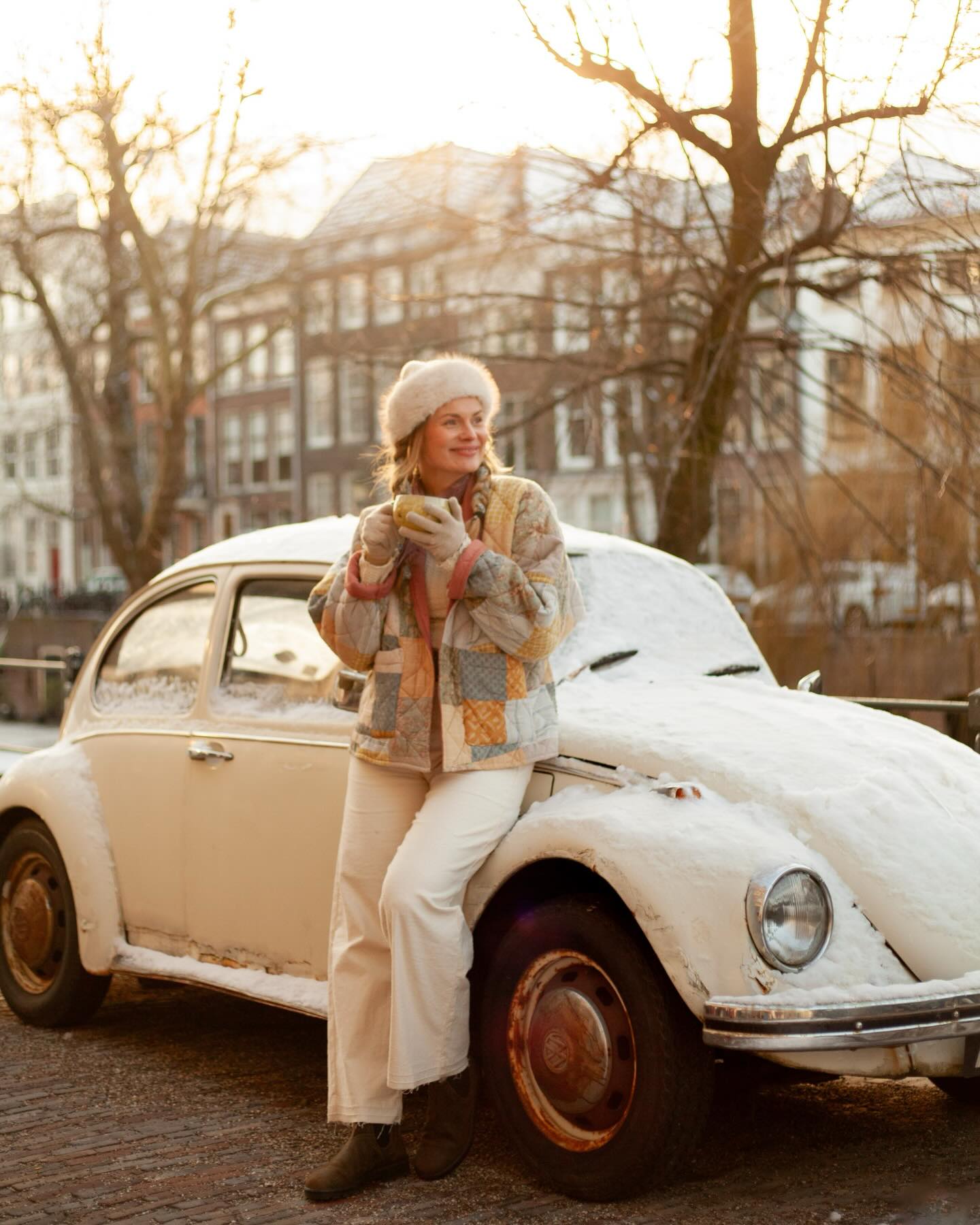 Our Handcrafted Quilted Patched Vest, worn by @maradiadora 🥰 Right in front of our store, next to the coolest car in town!