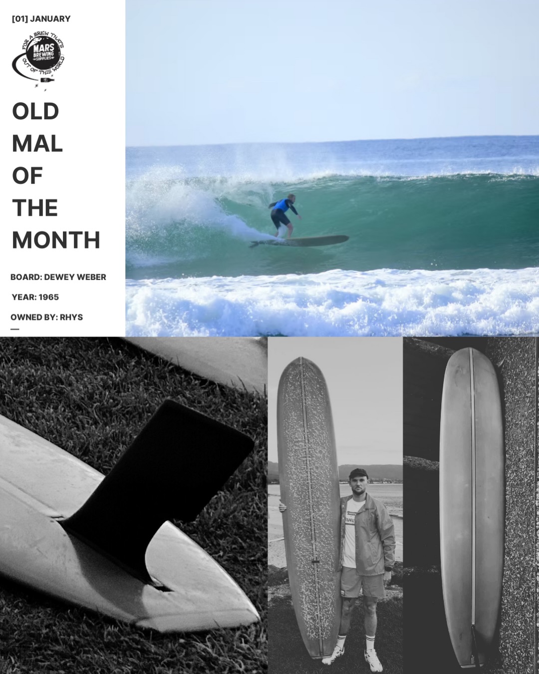 Januaryâs Old Mal of the month presented by our proud sponsor @mars_brewing_supplies
Rhys acquired his Weber Performer from the Sunshine Coast, though unfortunately the previous owner was unsure of its history or how it made its way into the country. The board features a beautiful t- band high density foam double stringer with the famous Wonderbolt hatchet fin.
The hatchet fin was designed by Dewey Weber in California in 1965, with the original template measuring a whopping 18 inches.
Tom Morey later went on to develop one of the earliest removable fin box systems, which Dewey famously named the Wonderbolt. The design allowed the distinctive hatchet fin to be removed by winding out a bolt that tightened against the bakelite fin box.
The hatchet fin became synonymous with Dewey Weberâs Performer model which went on to become the greatest selling longboard model of all time. #vintagesurf #oldmal #longboarding