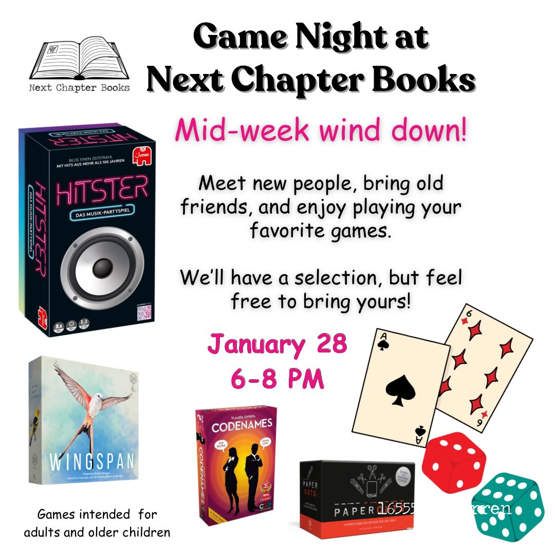 GAME NIGHT! Need a mental health break? Us too.
Join us January 28 for some good old-fashioned fun in the community! You’re welcome to bring your favorite game, and we’ll have plenty available.
Snacks and laughs welcome.
#nextchapterbooksdetroit #communityhub #indiebookstore #detroitbookstore #boardgamenight #wordgames #creatingcommunity