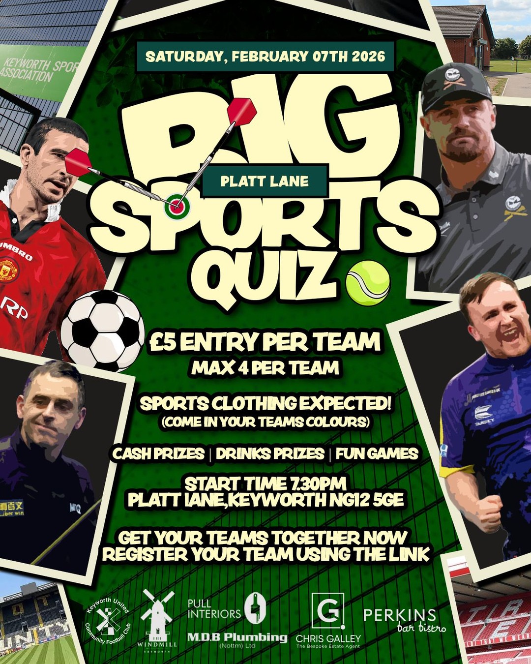 THE PLATT LANE BIG SPORTS QUIZ 📣 | 07 February 2026
Save the date as we're now only a few weeks away from our BIG SPORTS QUIZ!!!
You asked.. and we've answered! Our first Sports Quiz at Platt Lane is all set to take place at Platt Lane, Keyworth home of Keyworth United Community Football and Keyworth Cricket Club!
📰 Saturday 07 February 2026
🕑 7.30pm Start
🕑 All teams to be registered before 7pm on the night
💰 £5 Entry per team (Max 4 per team
🎉 Cash Prizes | Drinks Prizes | Fun Games
Team colours are encouraged so make sure to dig out your old football tops or rugby, cricket or any sports attire for that matter!
Team registration can be made on the night in the Clubhouse but why not let us know beforehand that you're coming?
https://forms.fillout.com/t/ewVVSCkA3Eus
If you have any questions drop us an email at media@keyworthunited.com