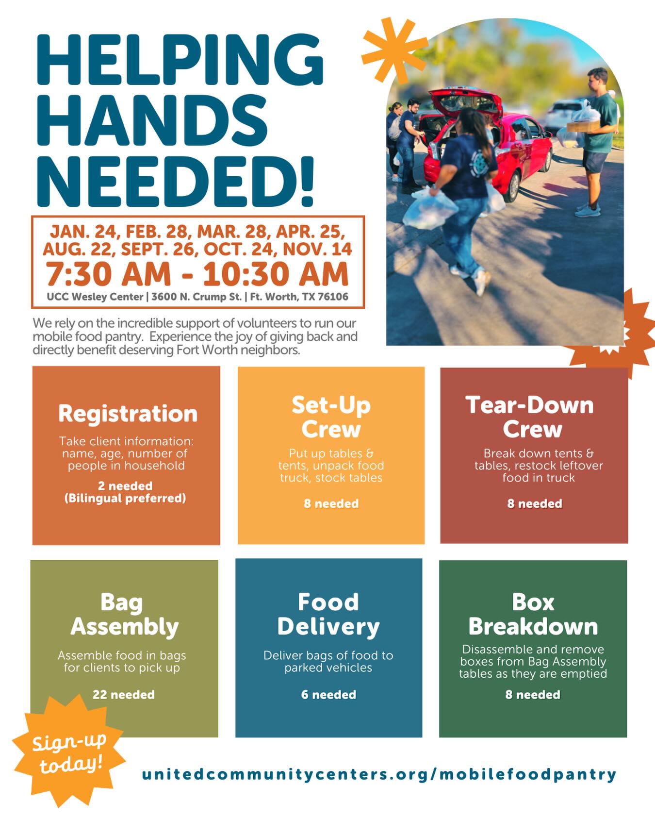 Our 2026 Mobile Food Pantry dates are here! Experience the joy of giving back while directly supporting neighbors in our community. Save the dates, share with a friend, and check back monthly for volunteer sign-ups.